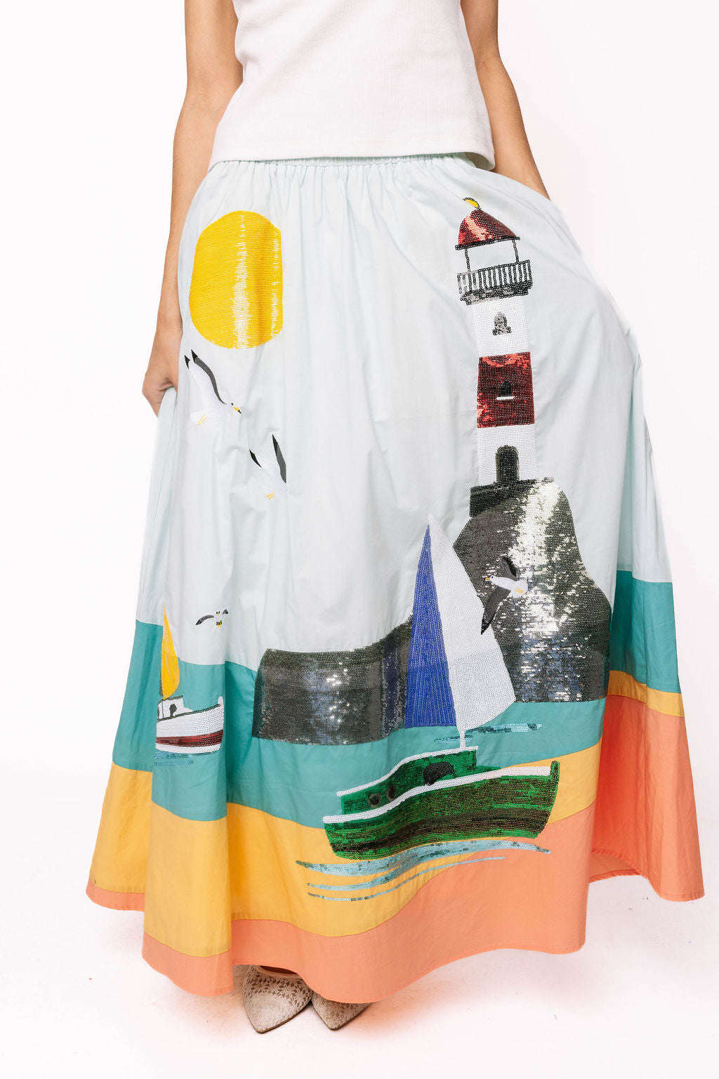 Multi Light House Cotton Midi Skirt