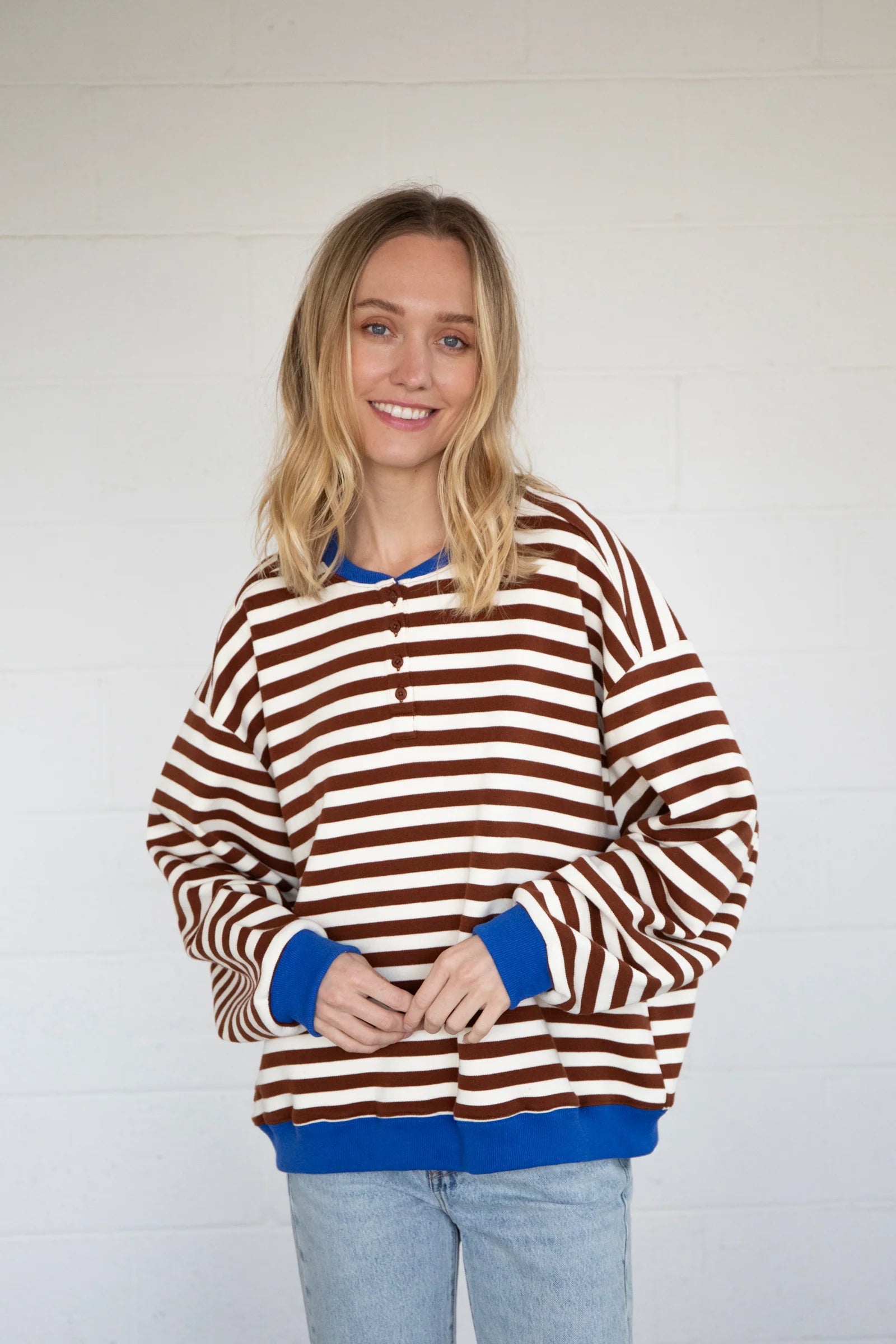 Brown Stripe Henley Sweatshirt