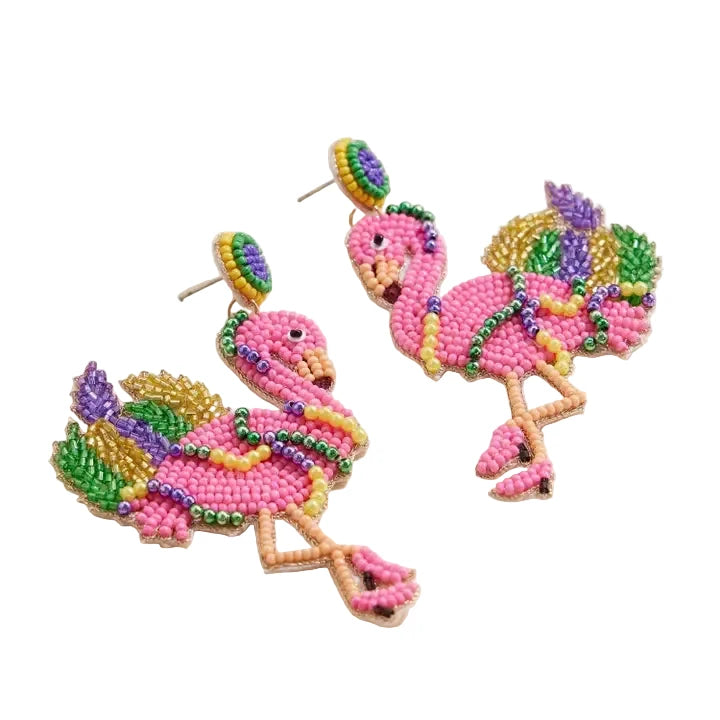 Mardi Gras Flamingo Beaded Earrings