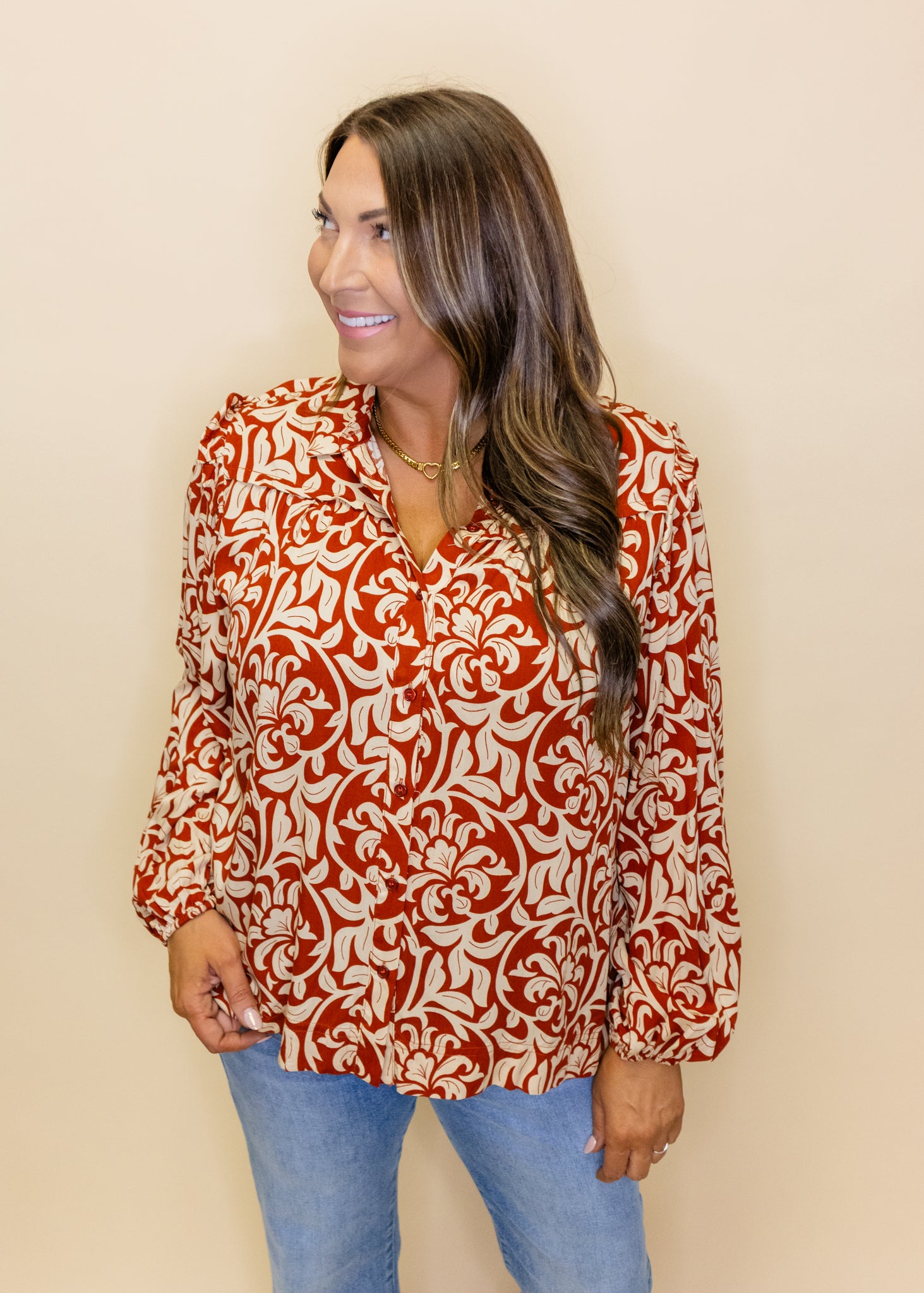 Rust Filigree Long Sleeve Top