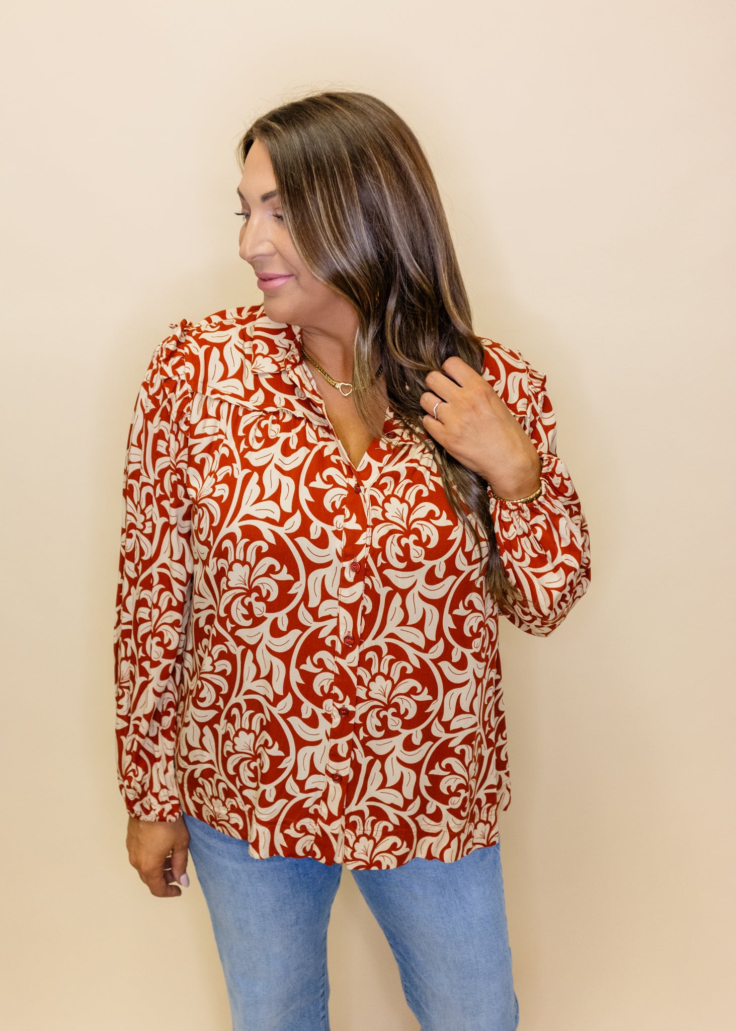 Rust Filigree Long Sleeve Top