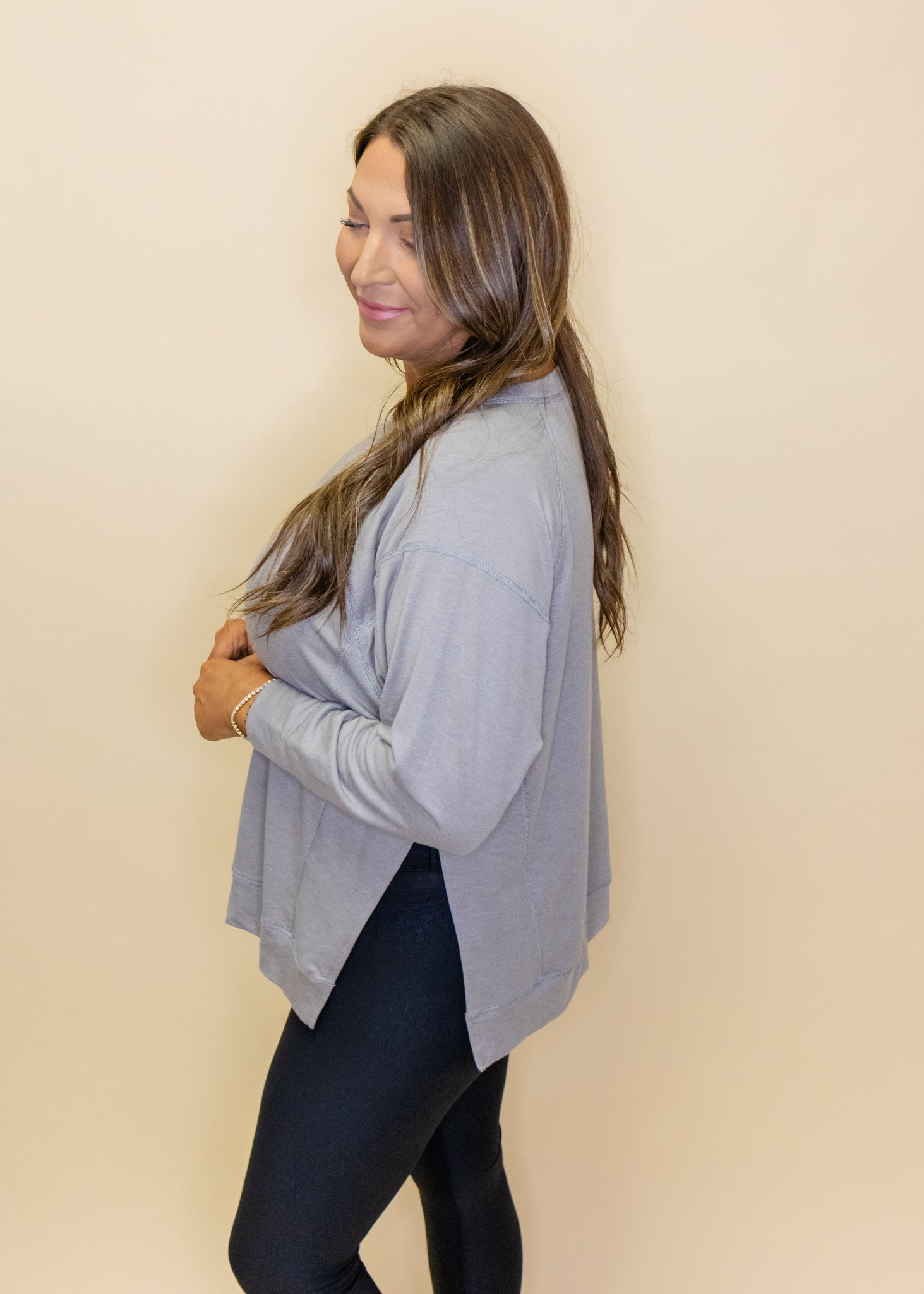 Grey Solid Split Side Top
