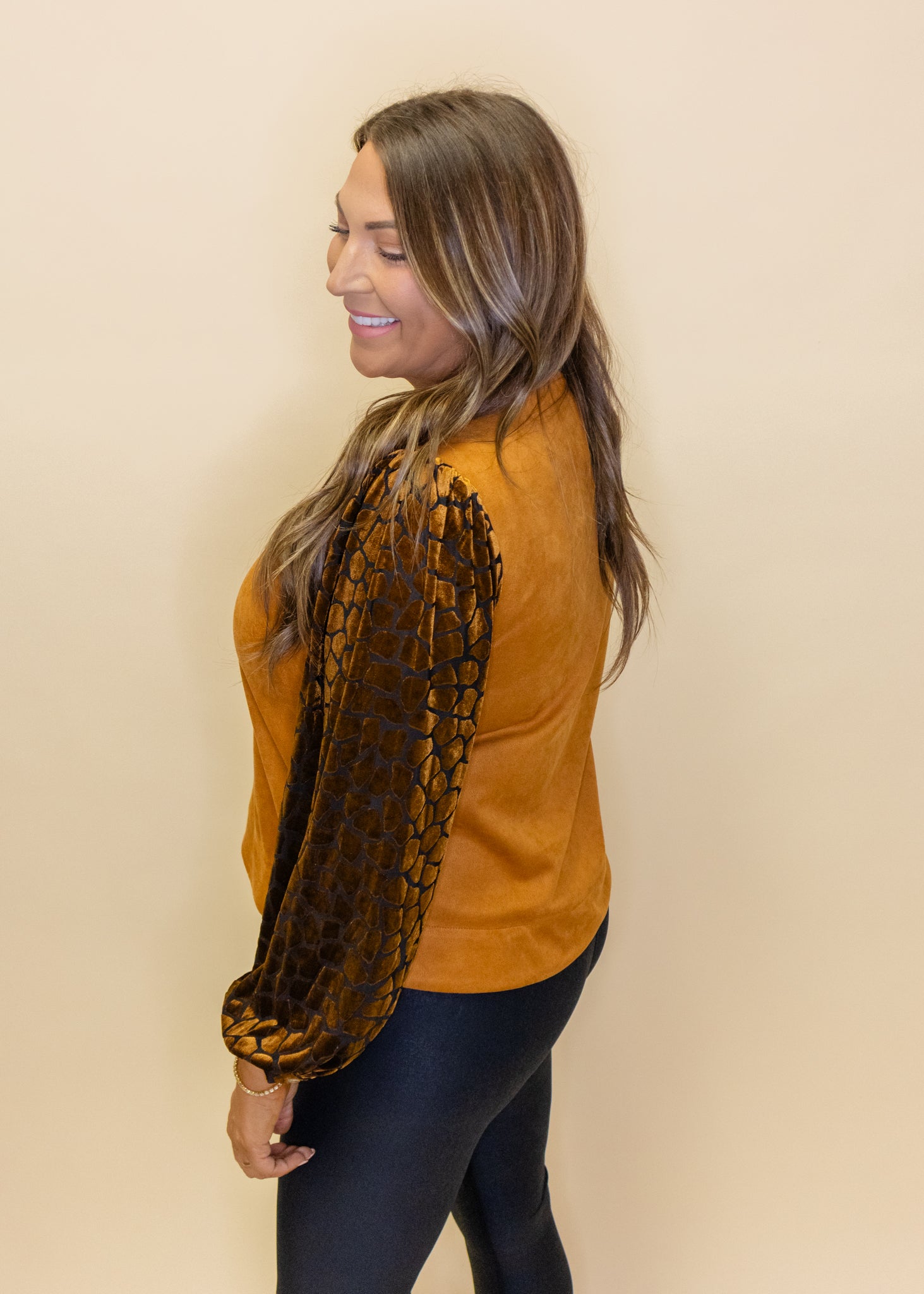 Camel Suede Velvet Sleeve Top