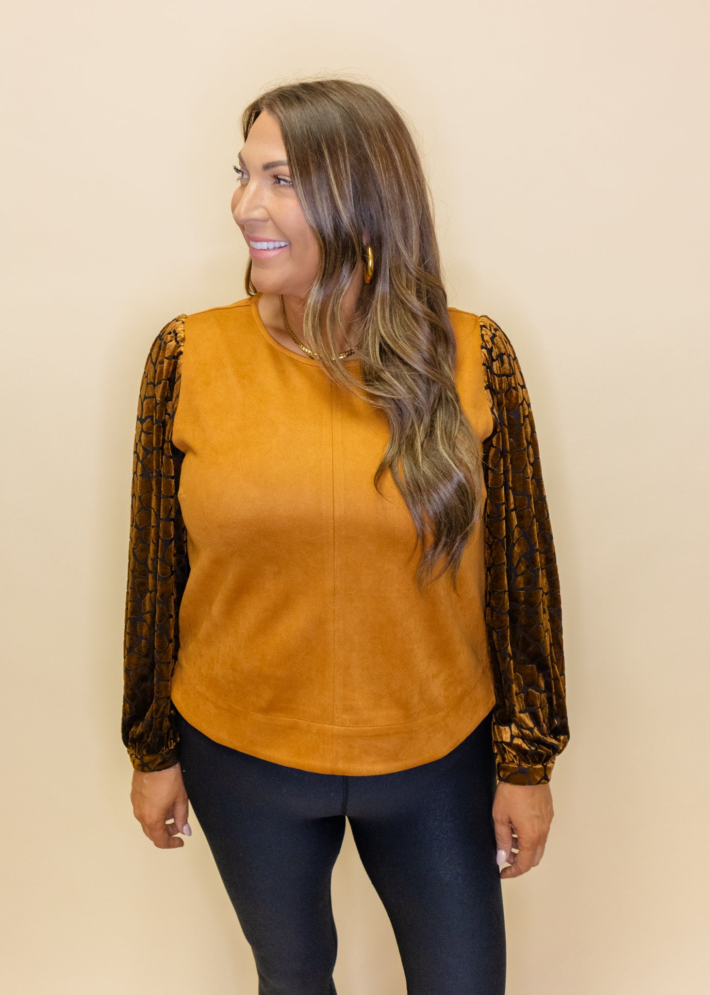 Camel Suede Velvet Sleeve Top