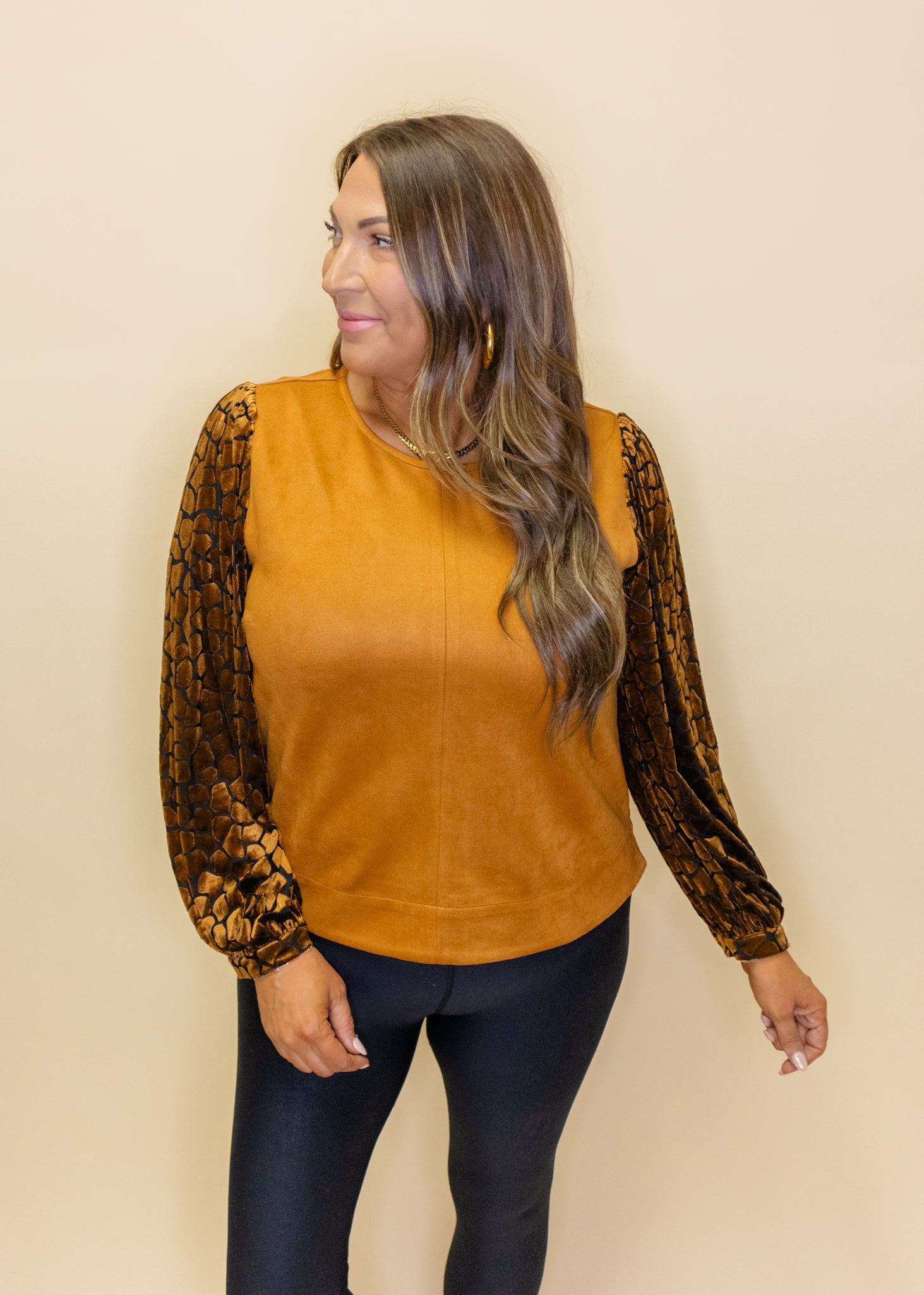 Camel Suede Velvet Sleeve Top
