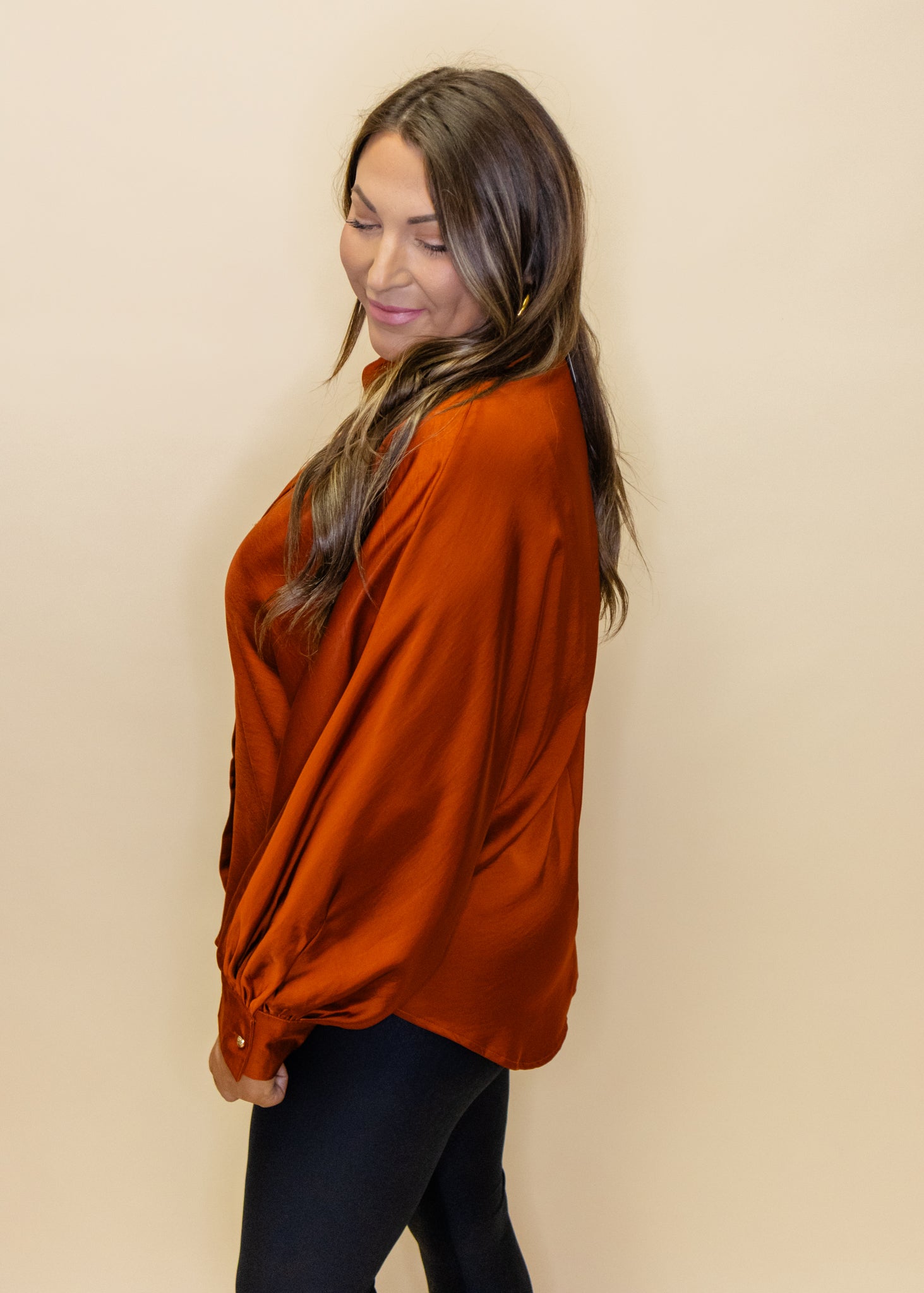 Rust Satin Button Up Top