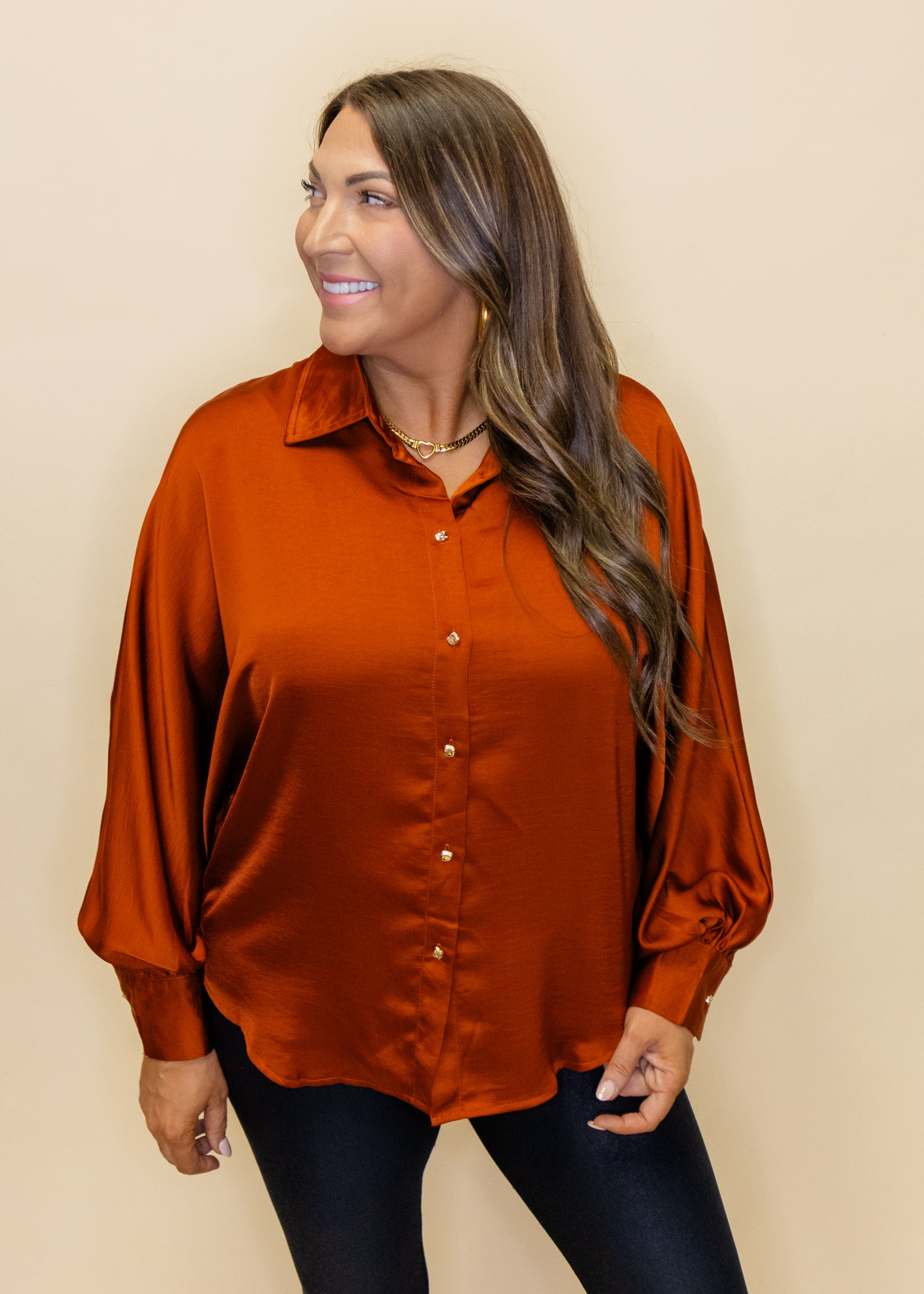 Rust Satin Button Up Top