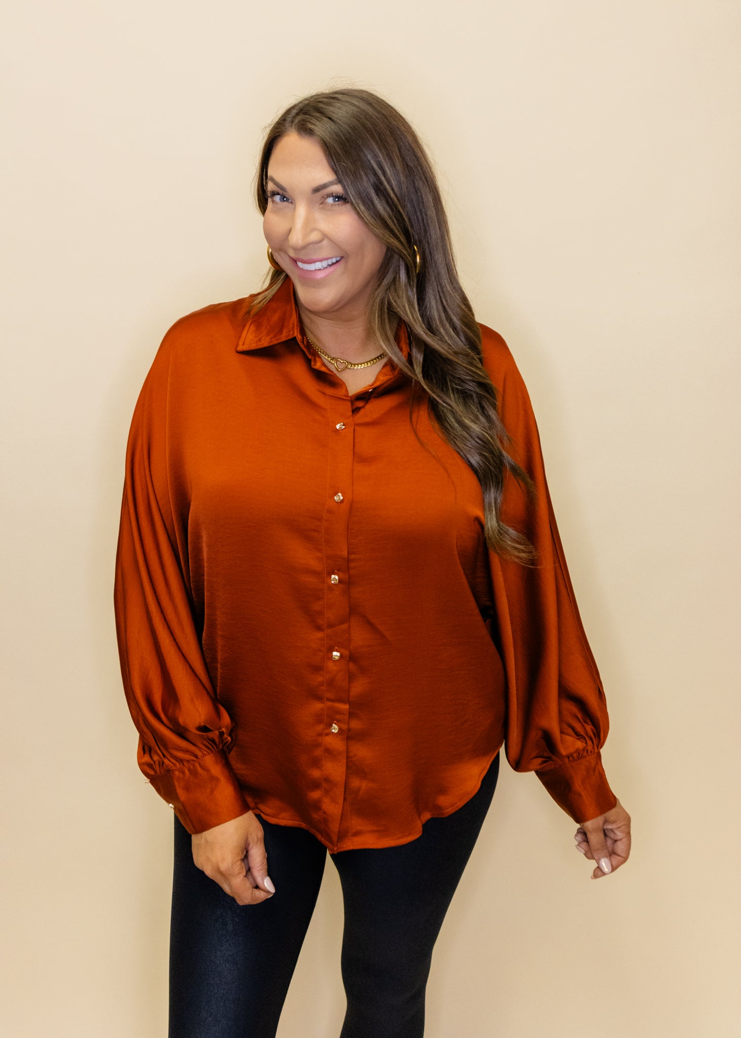 Rust Satin Button Up Top