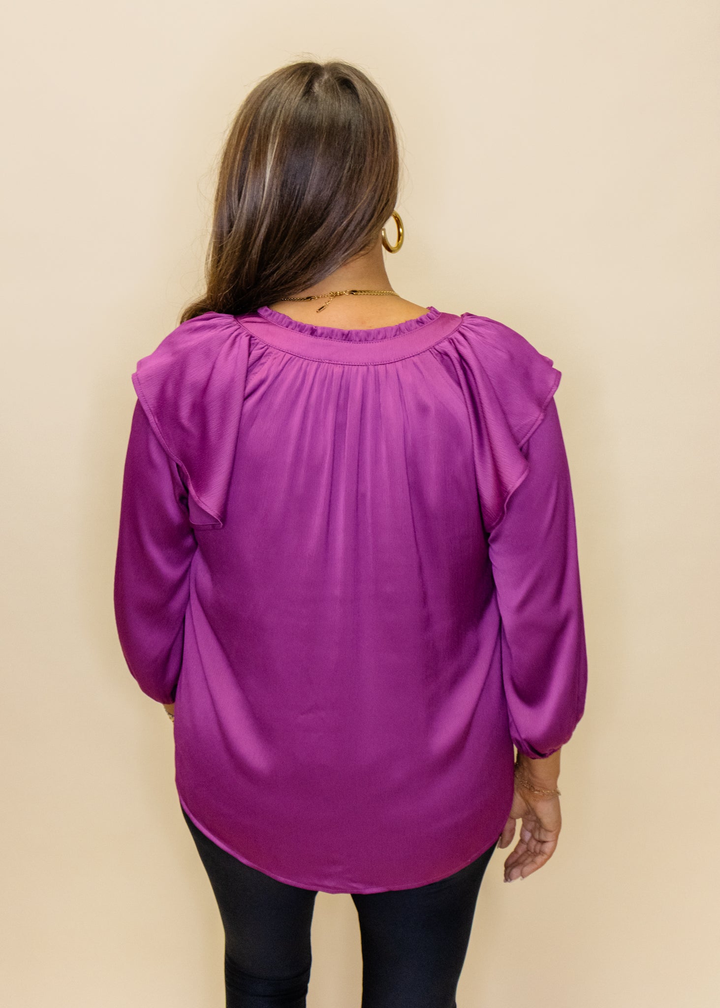 Violet Satin V-Neck Ruffle Top