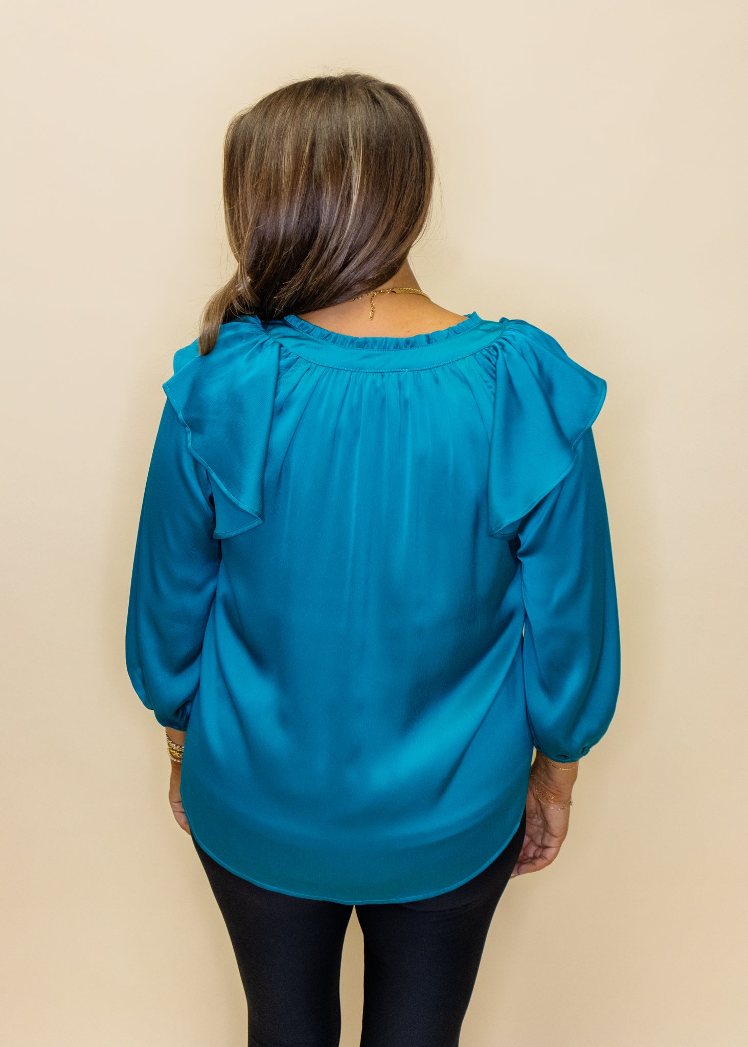 Jade Satin V-Neck Ruffle Top