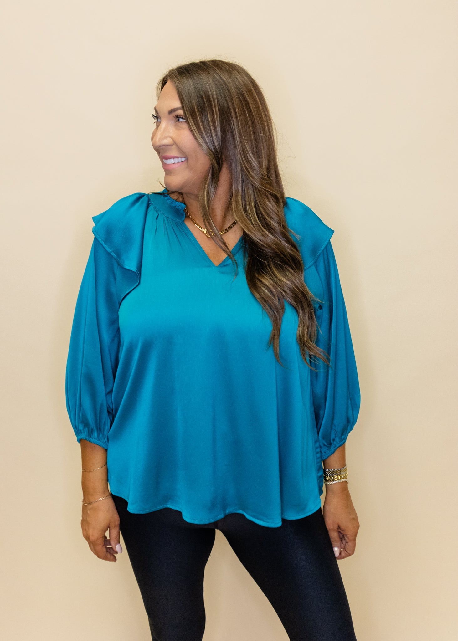 Jade Satin V-Neck Ruffle Top