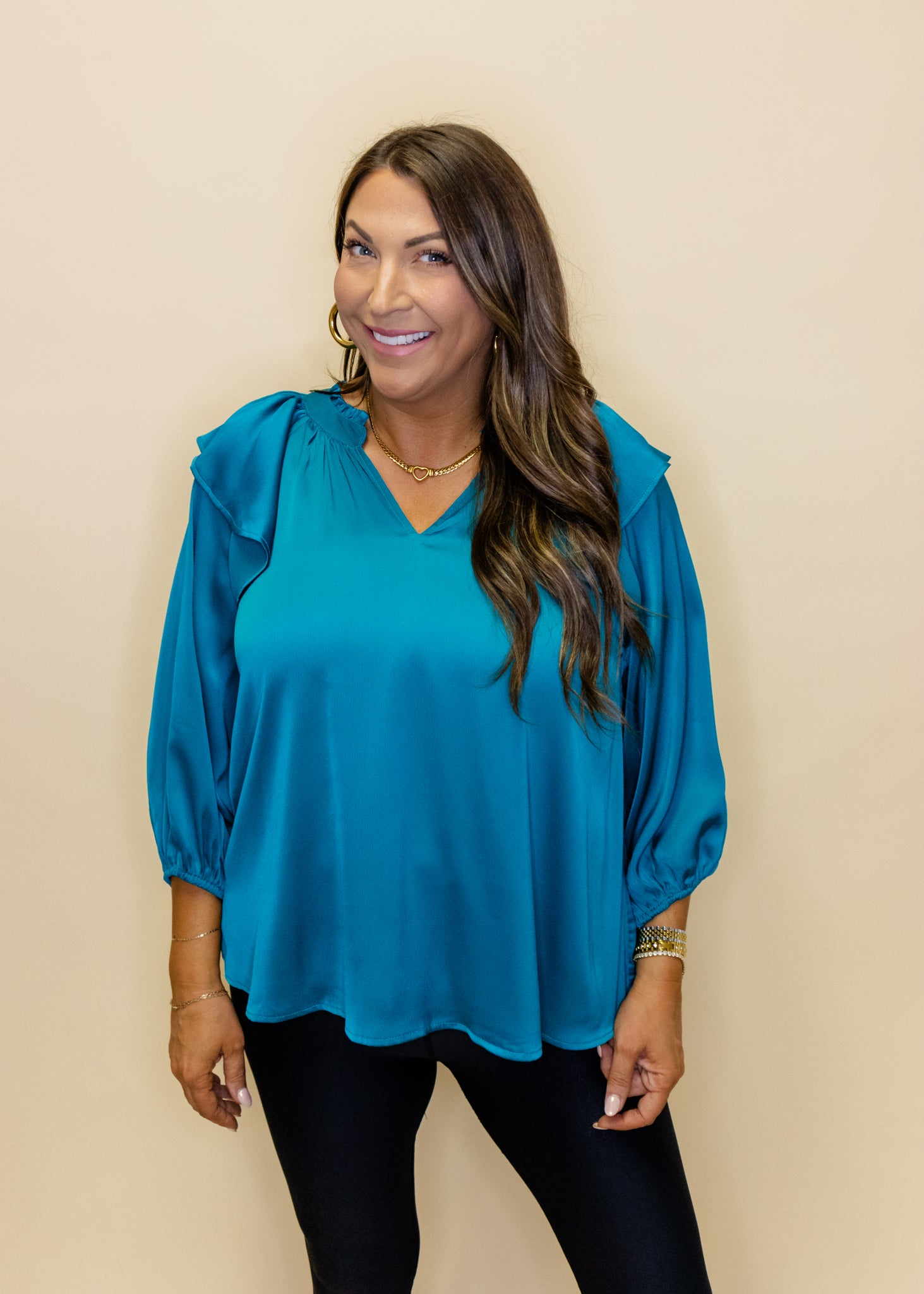 Jade Satin V-Neck Ruffle Top