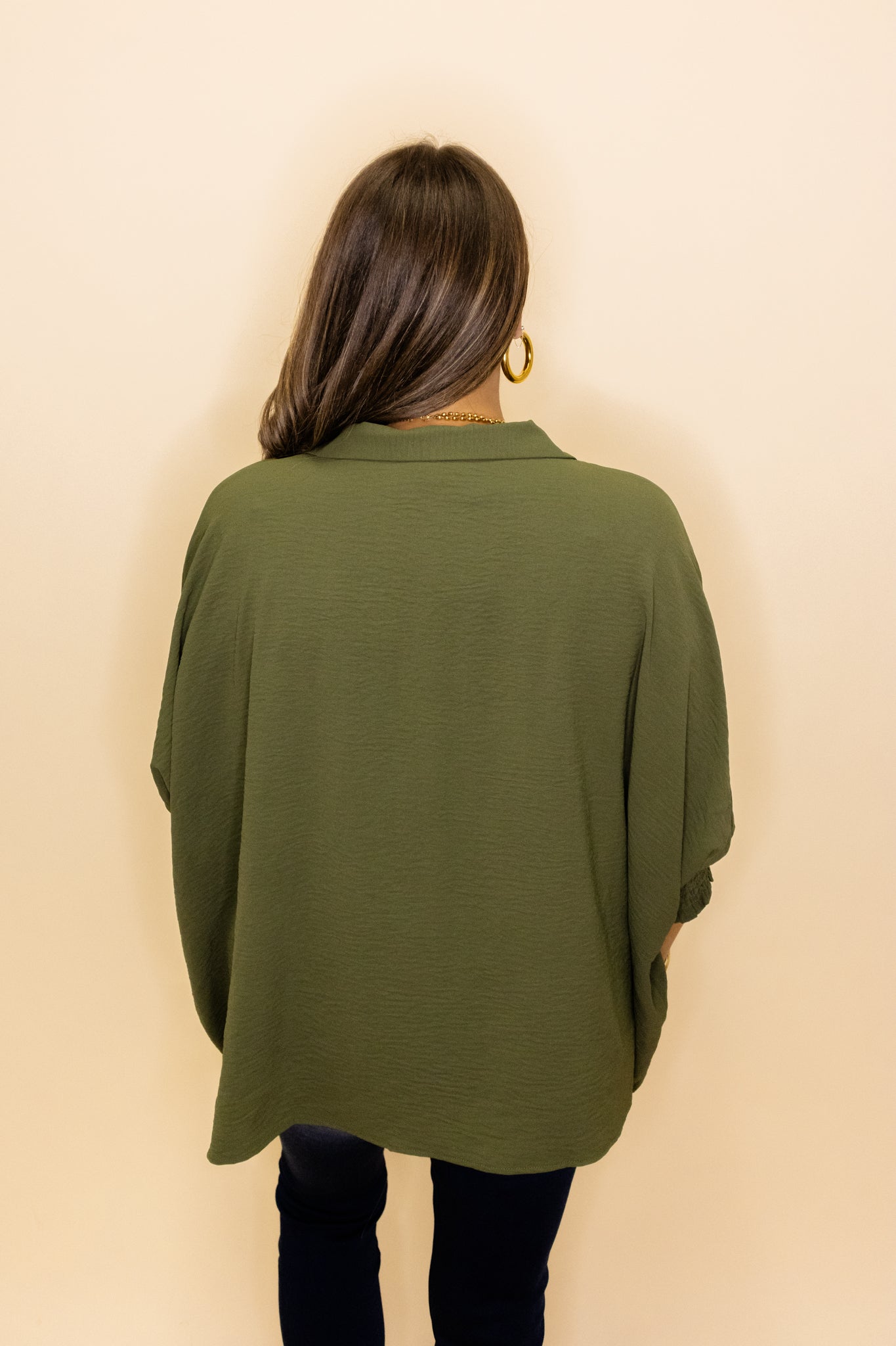 Olive Oversized Smocked Sleeve Top