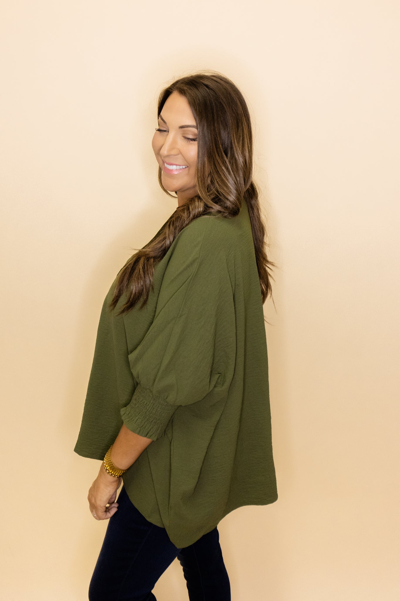 Olive Oversized Smocked Sleeve Top