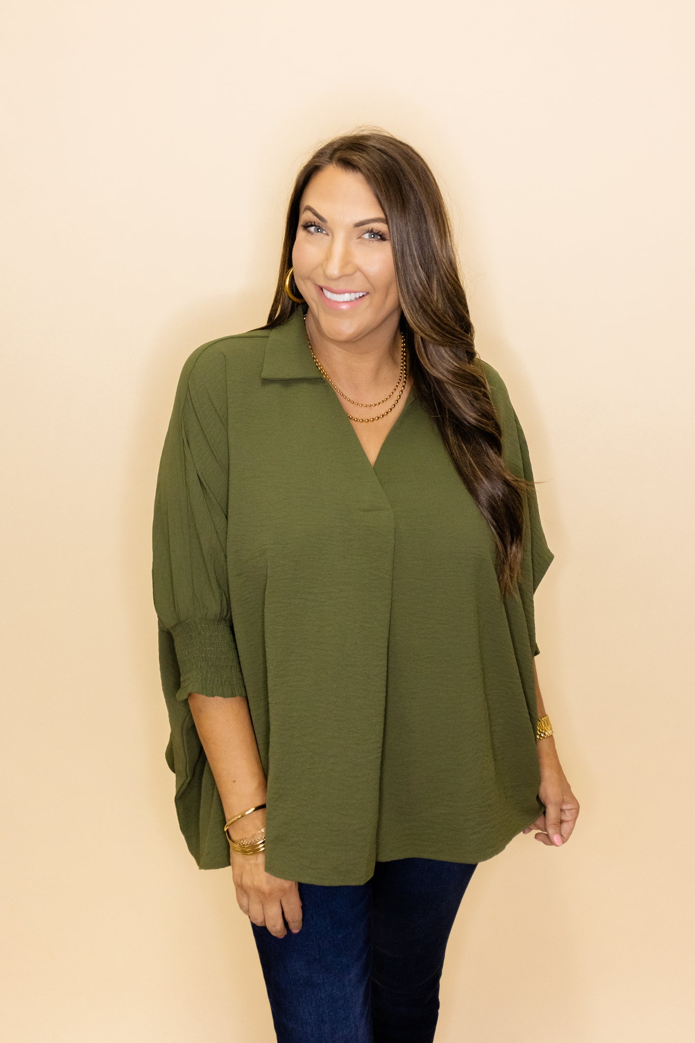 Olive Oversized Smocked Sleeve Top