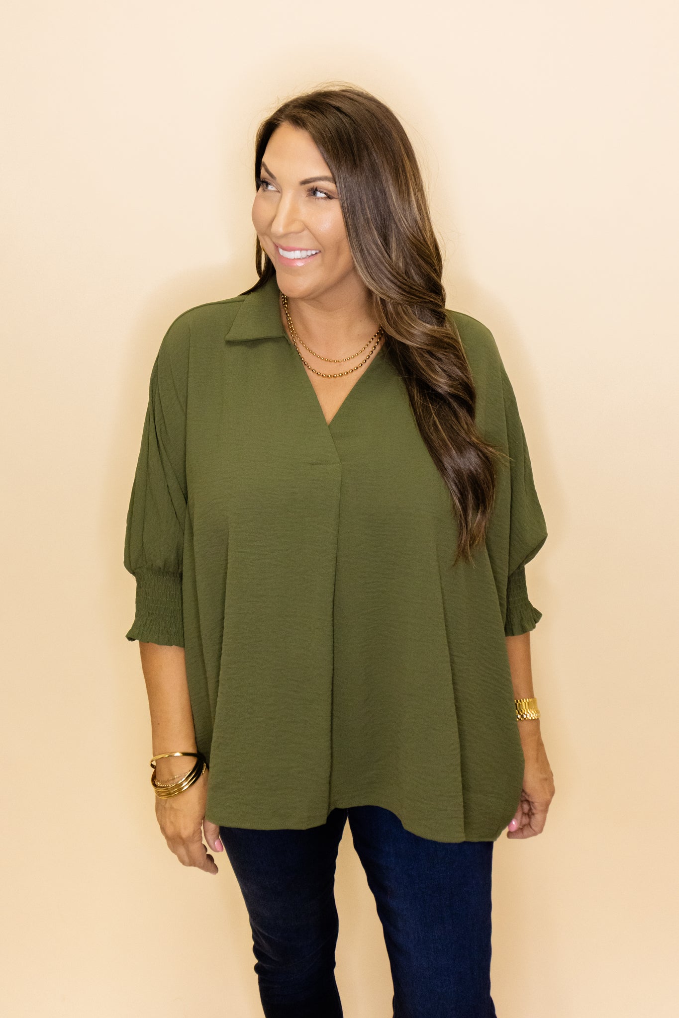 Olive Oversized Smocked Sleeve Top