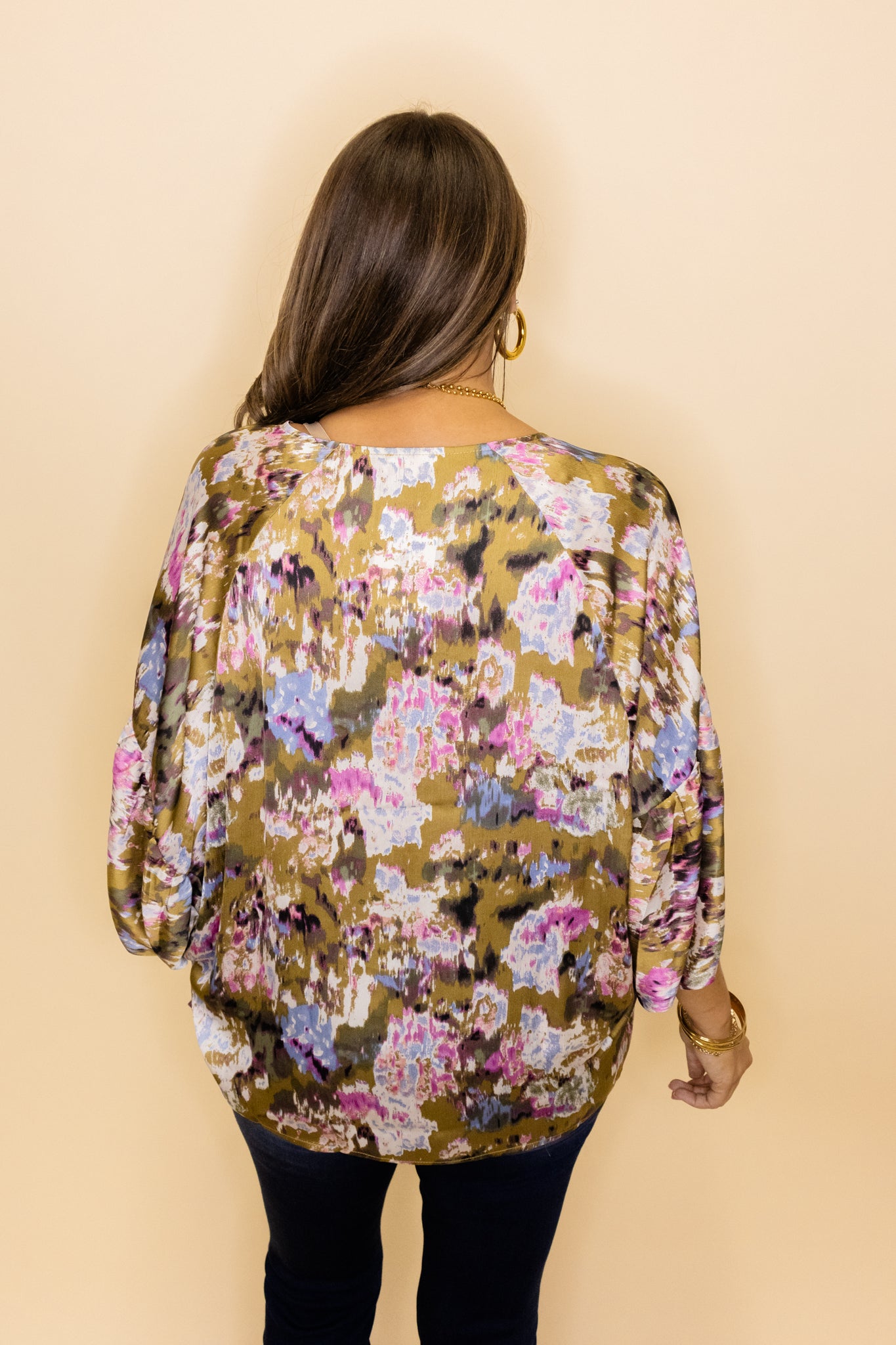 Olive Print Drape Sleeve Top