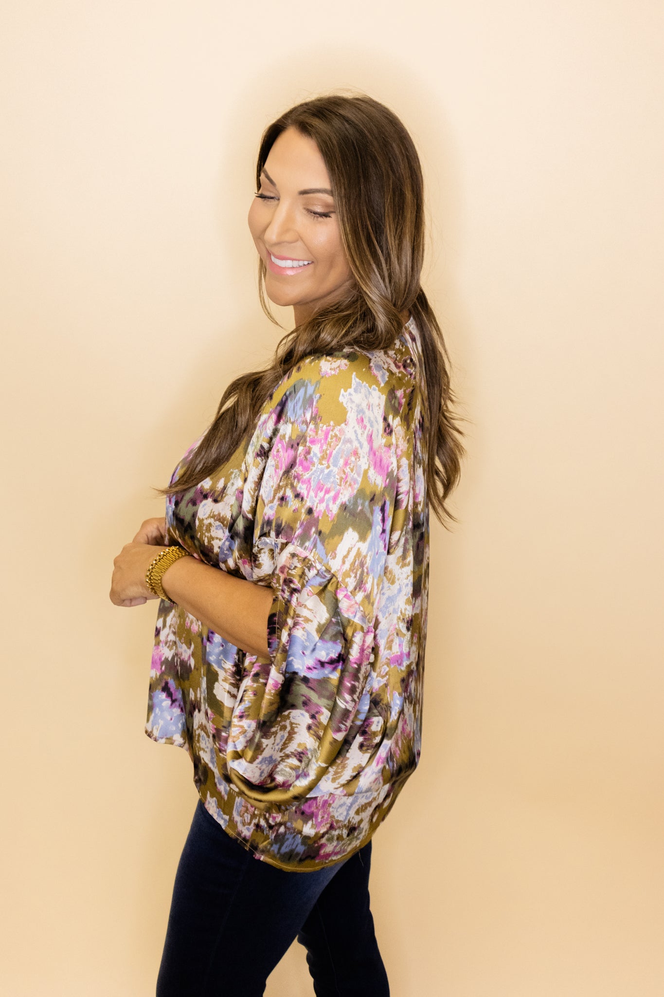 Olive Print Drape Sleeve Top