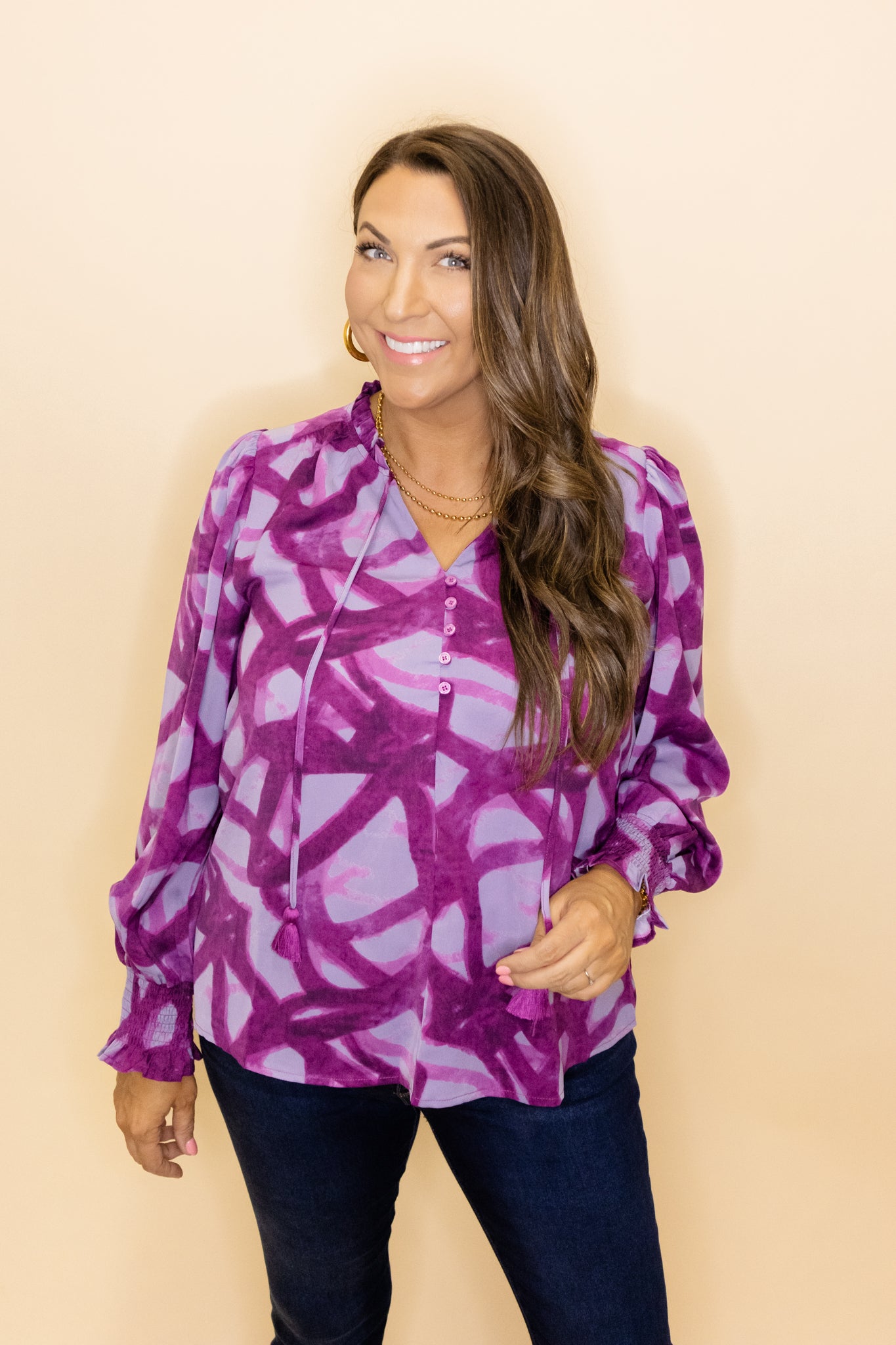 Purple Print Button Detail Top