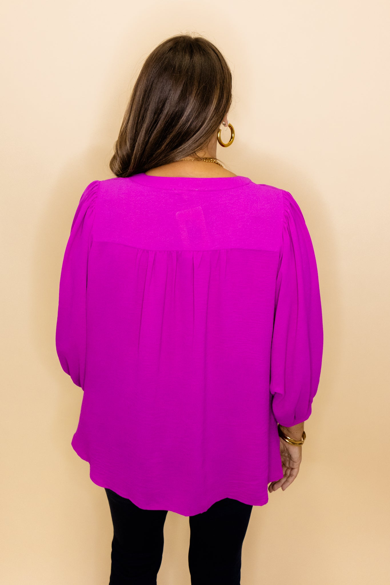 Magenta Solid Dolman V-Neck Top