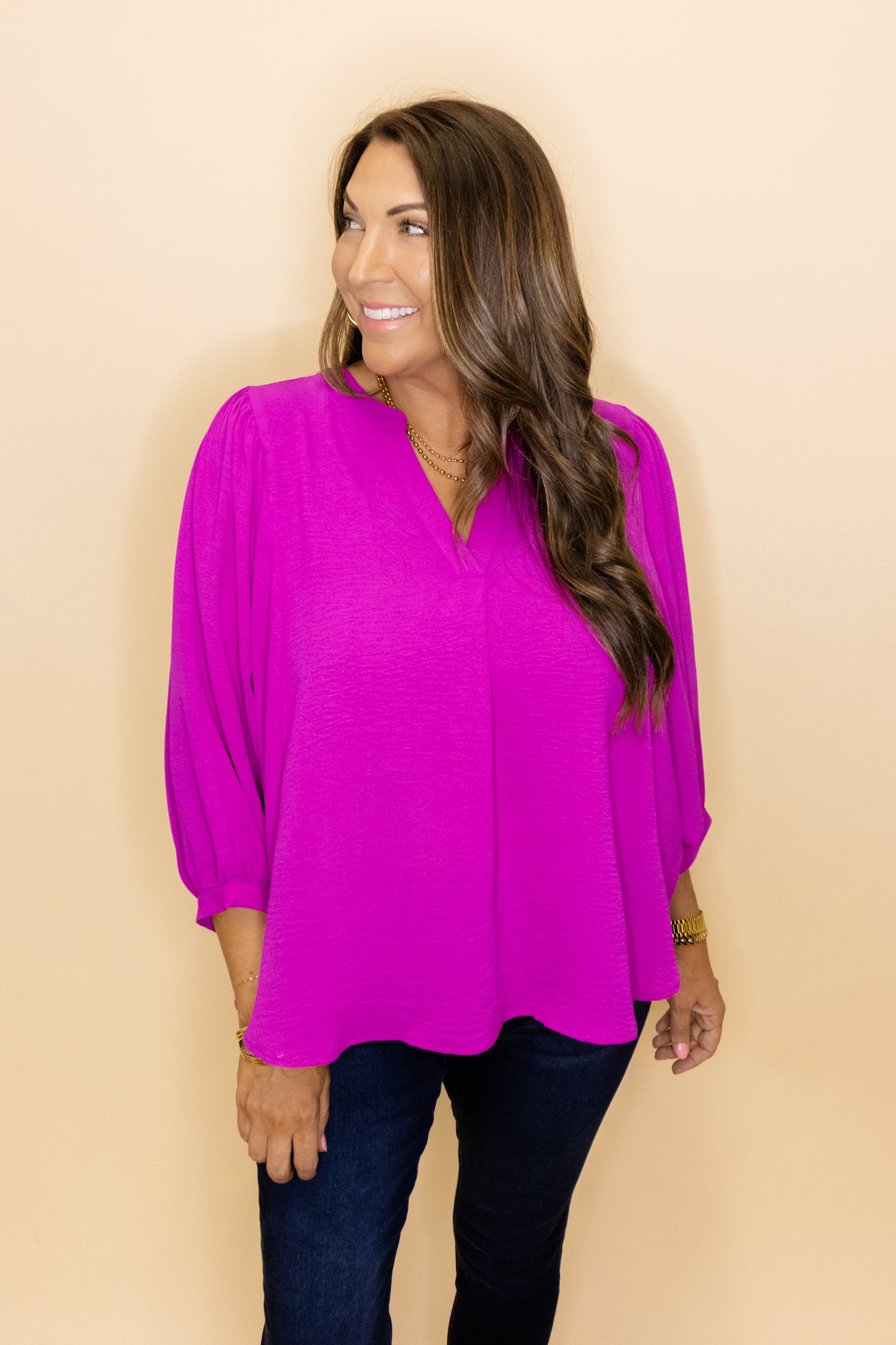 Magenta Solid Dolman V-Neck Top