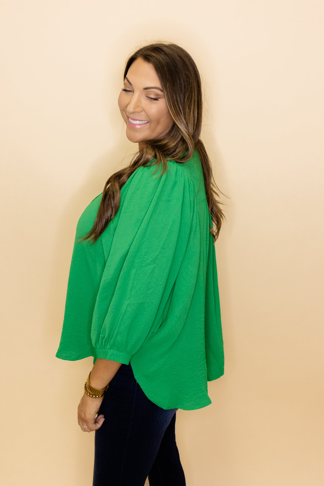 Kelly Green Solid Dolman V-Neck Top