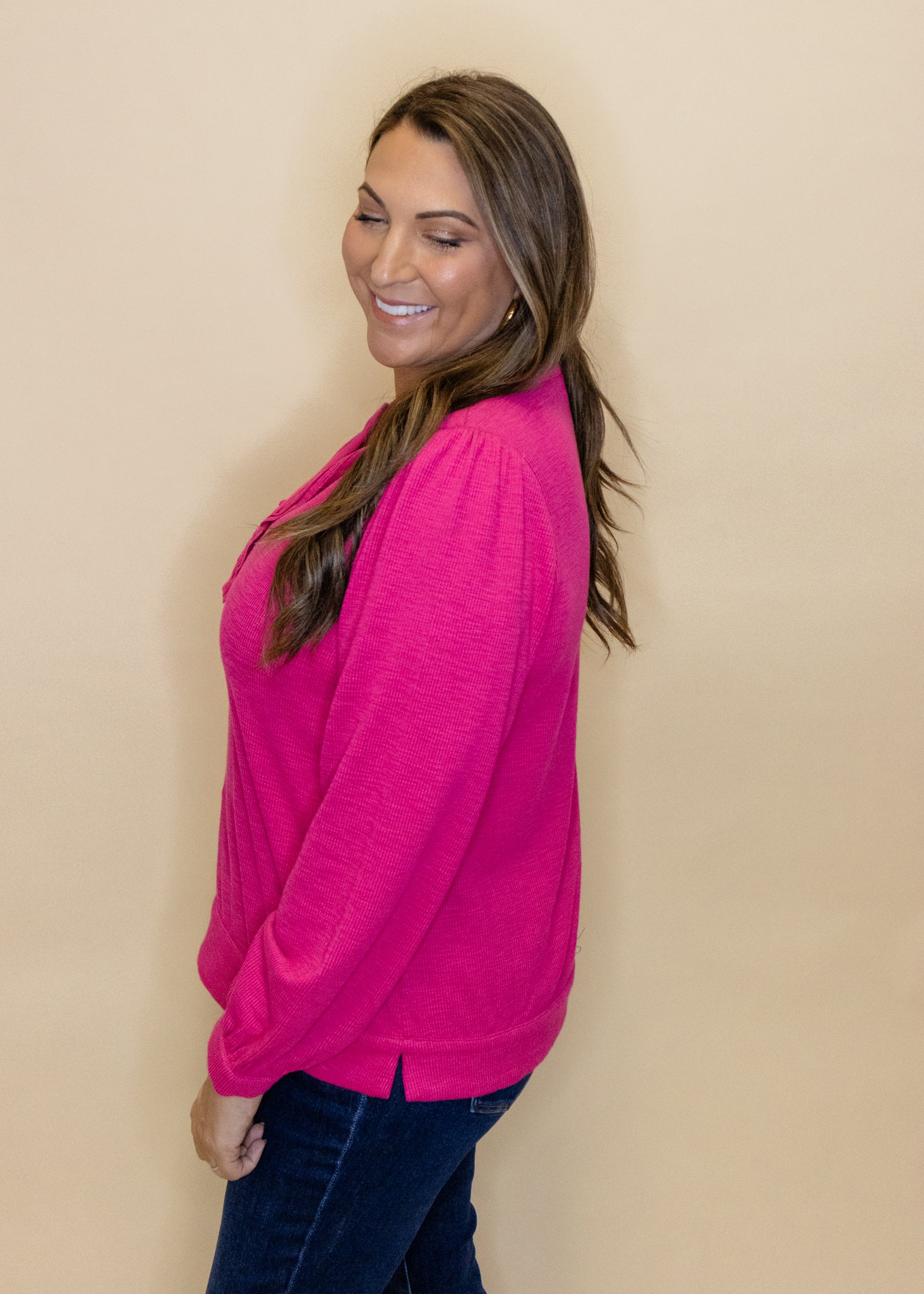 Pink Ribbed Henley Top