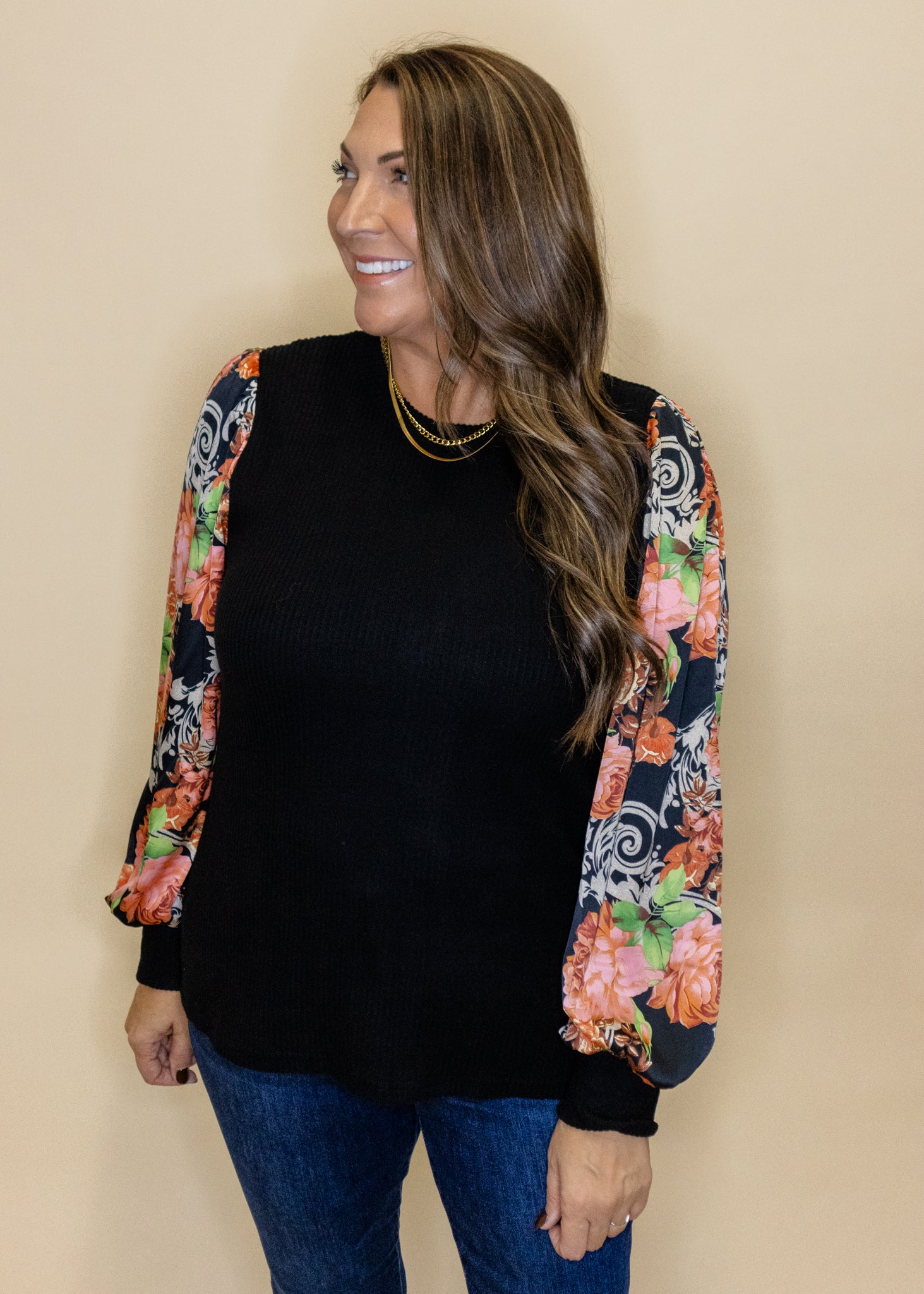 Black Floral Sleeve Top