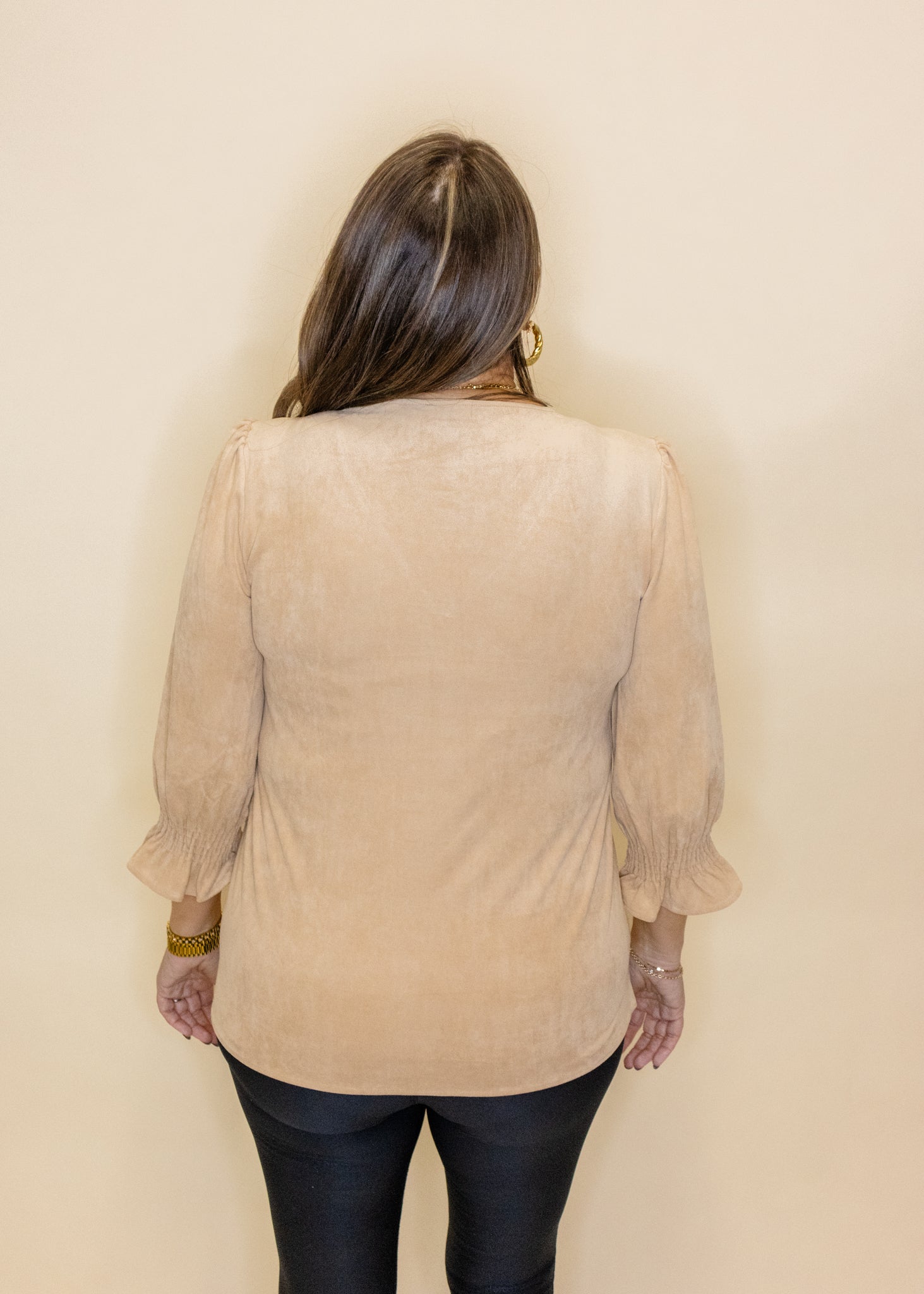 Elizabeth Camel Smocked Sleeve Top