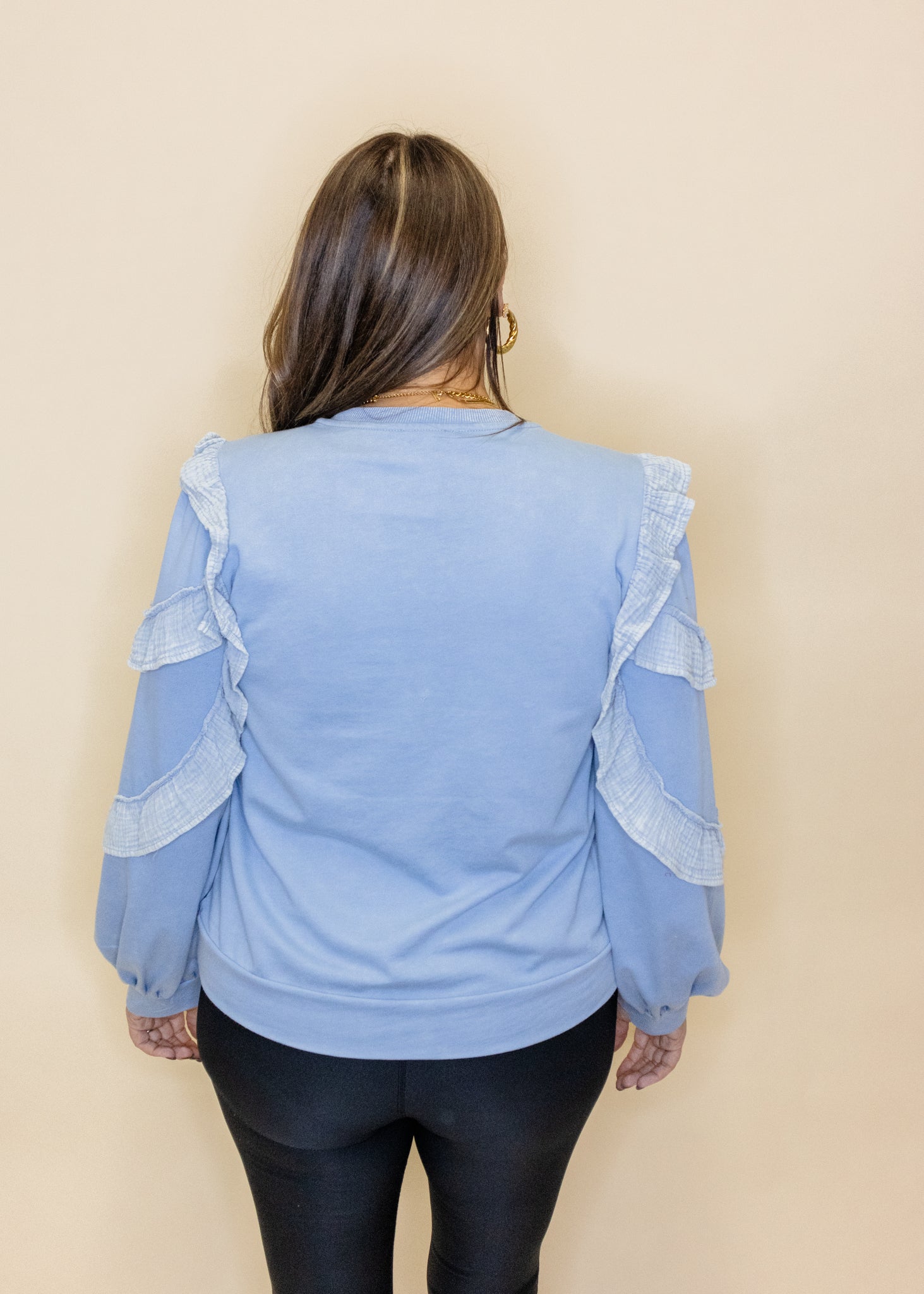 Powder Blue Ruffle Sleeve Sweatshirt