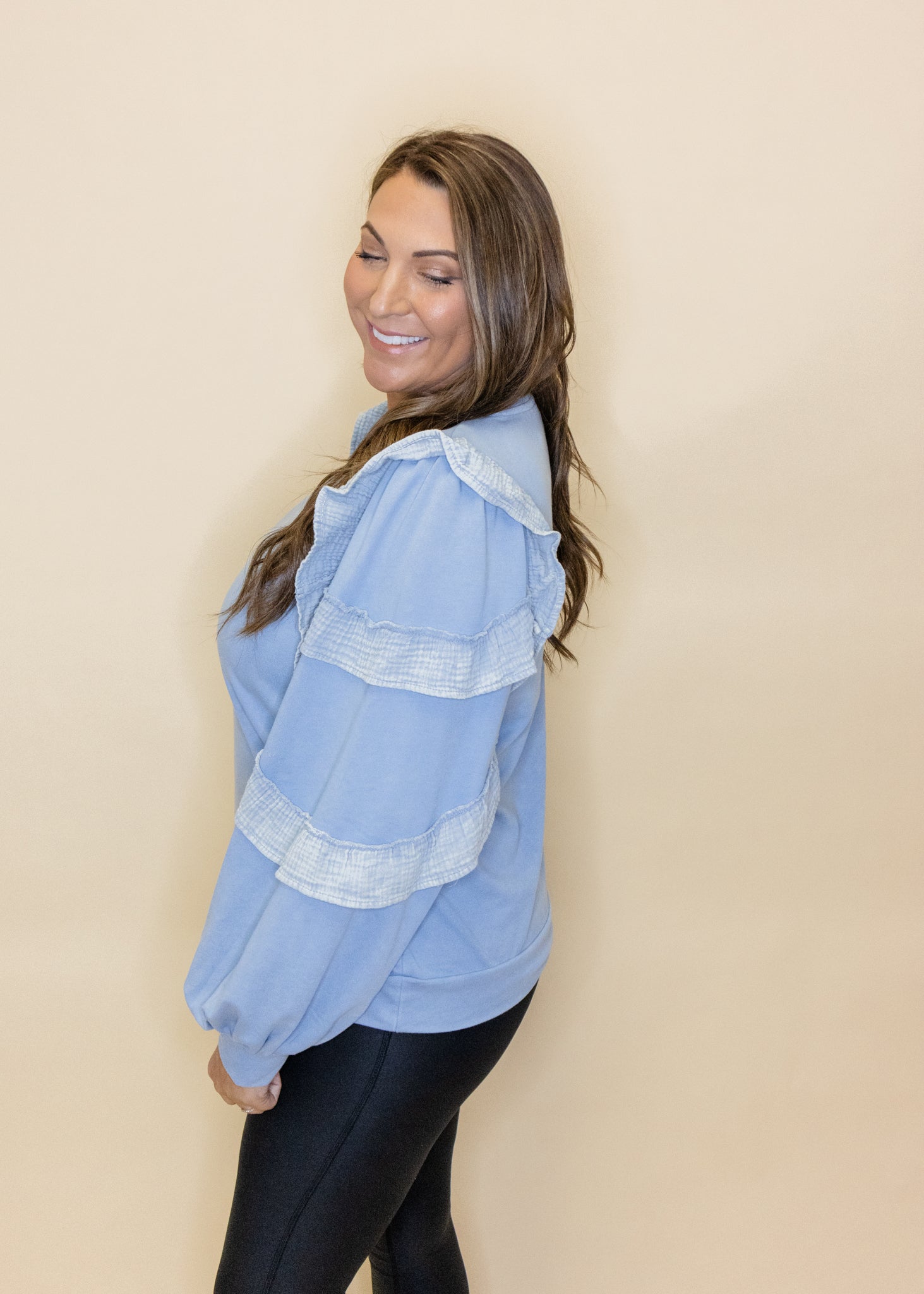 Powder Blue Ruffle Sleeve Sweatshirt