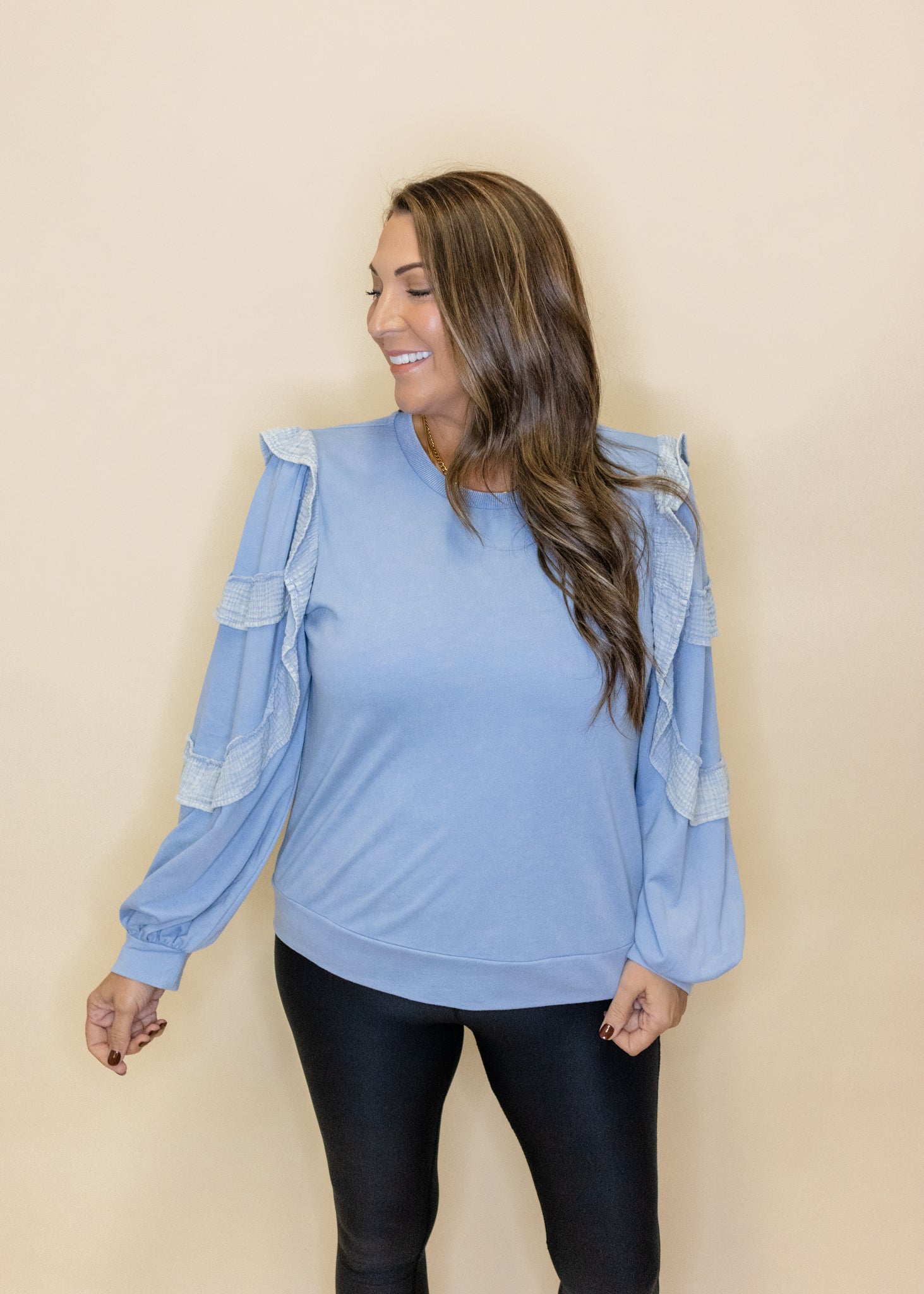 Powder Blue Ruffle Sleeve Sweatshirt