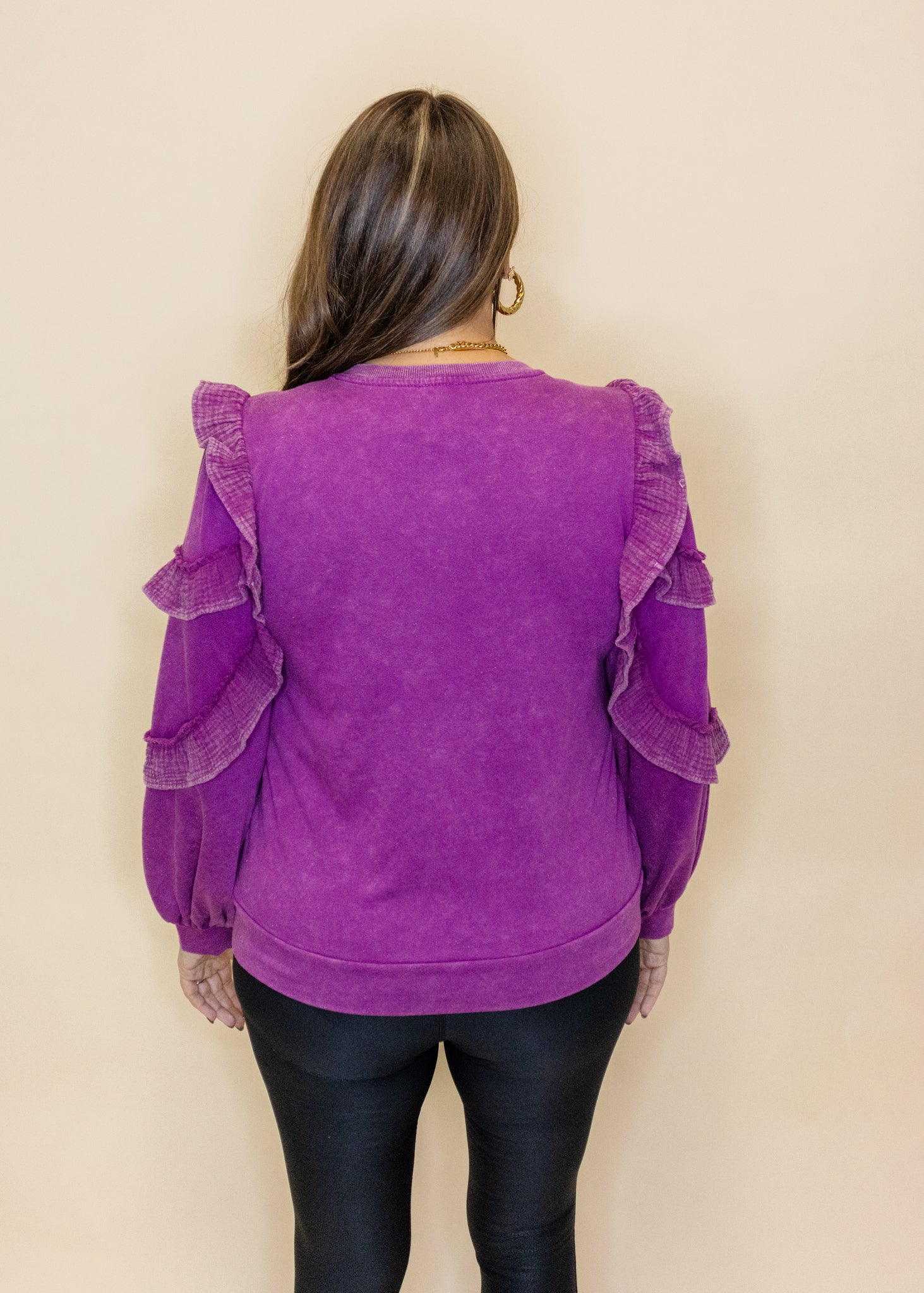 Purple Ruffle Sleeve Sweatshirt