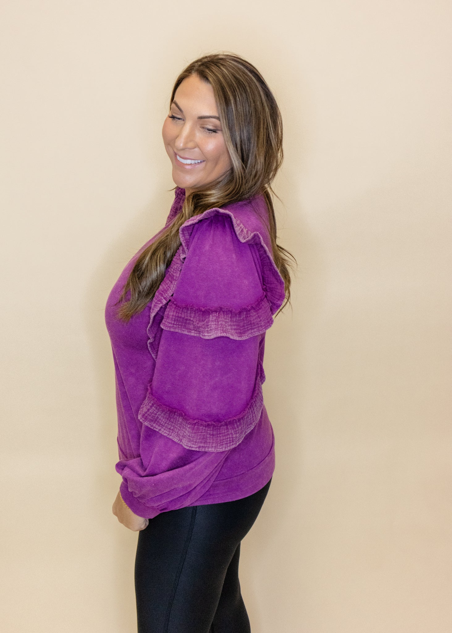 Purple Ruffle Sleeve Sweatshirt