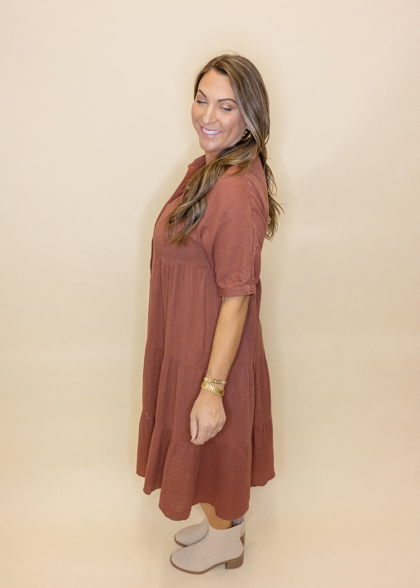 Brown Gauze Button Midi Dress