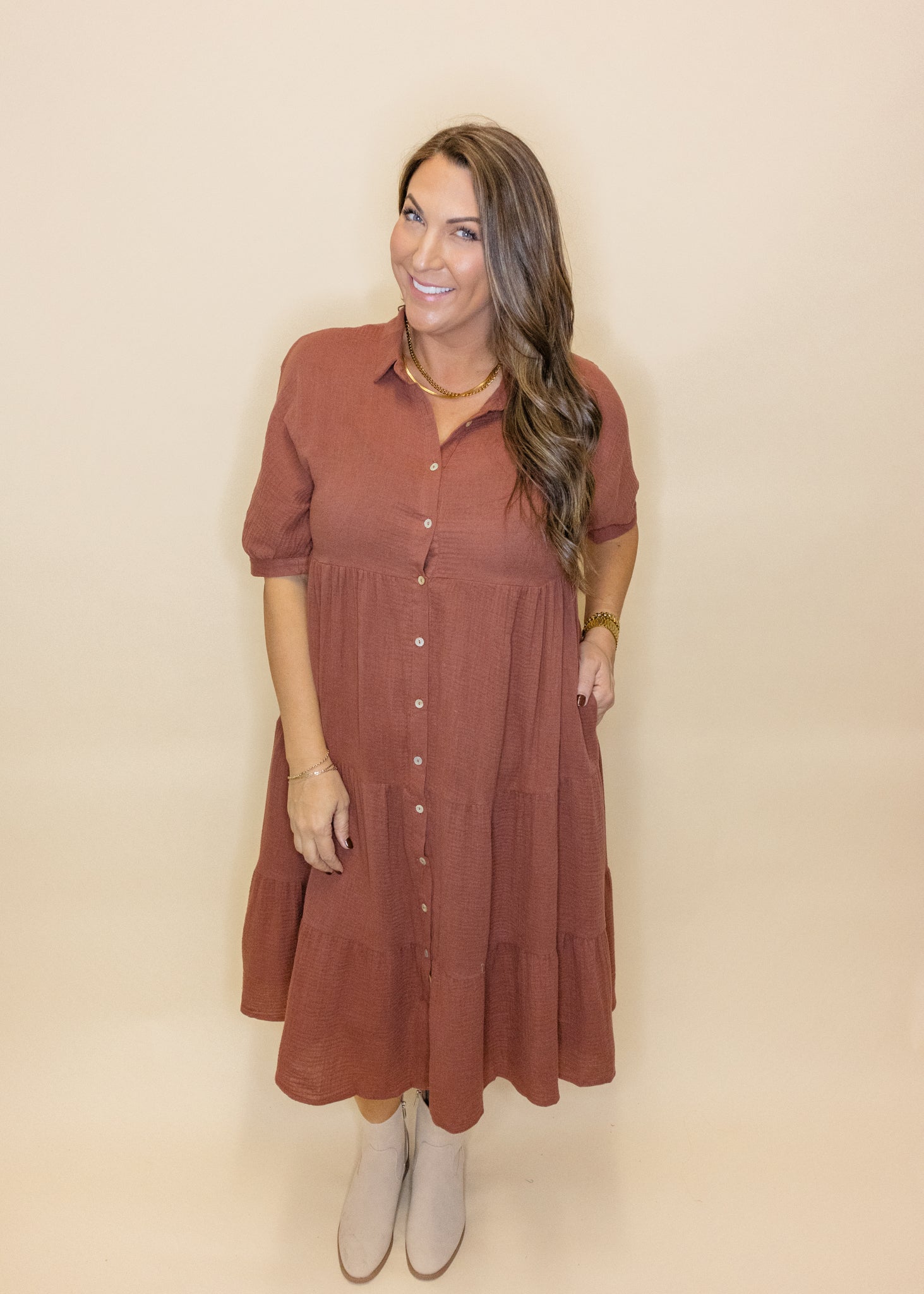 Brown Gauze Button Midi Dress