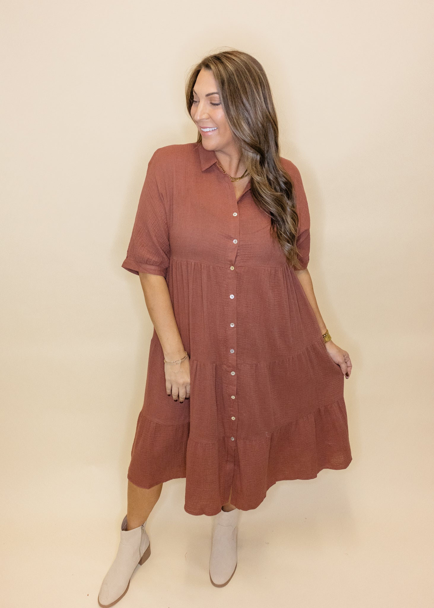 Brown Gauze Button Midi Dress