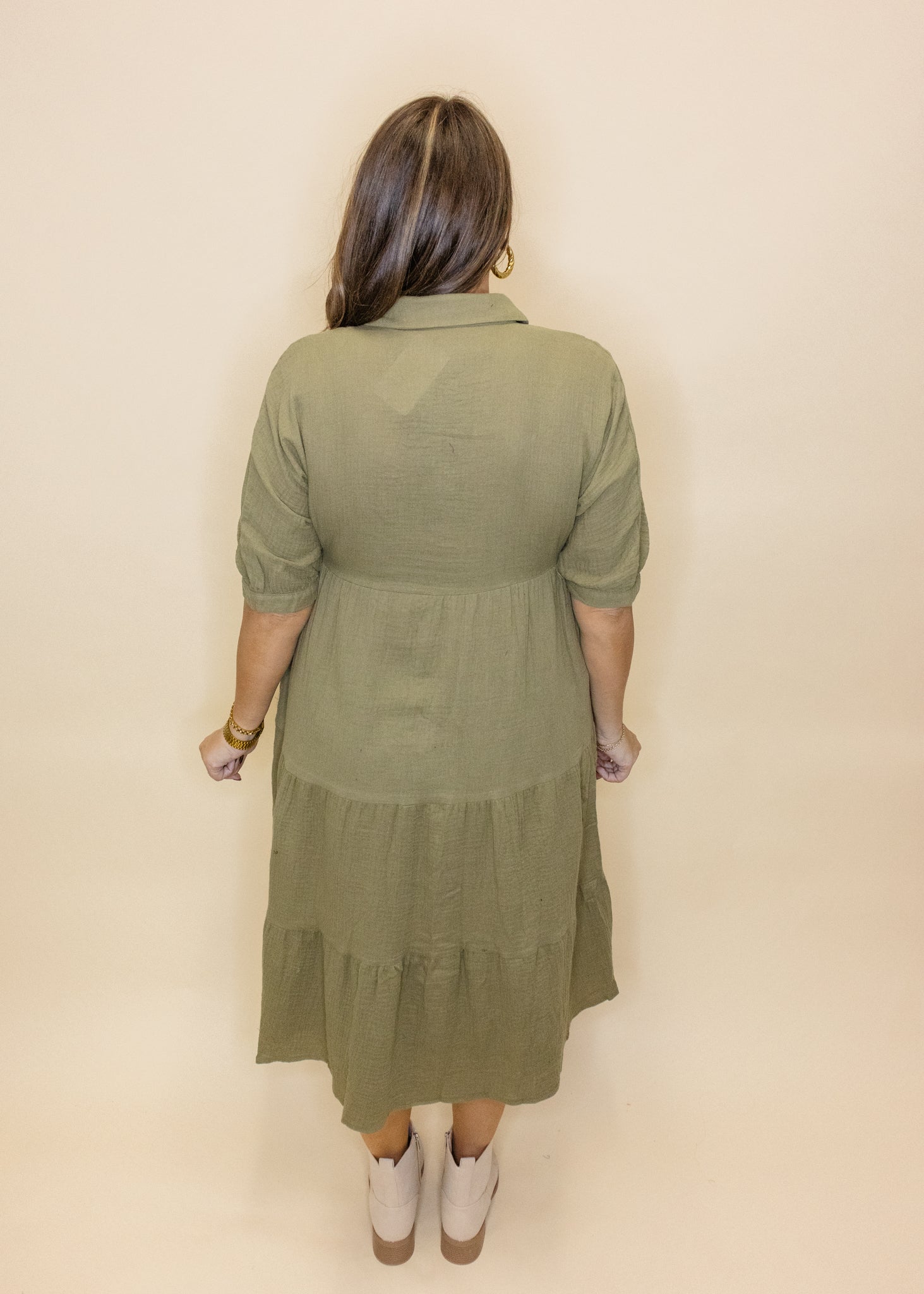 Olive Gauze Button Midi Dress