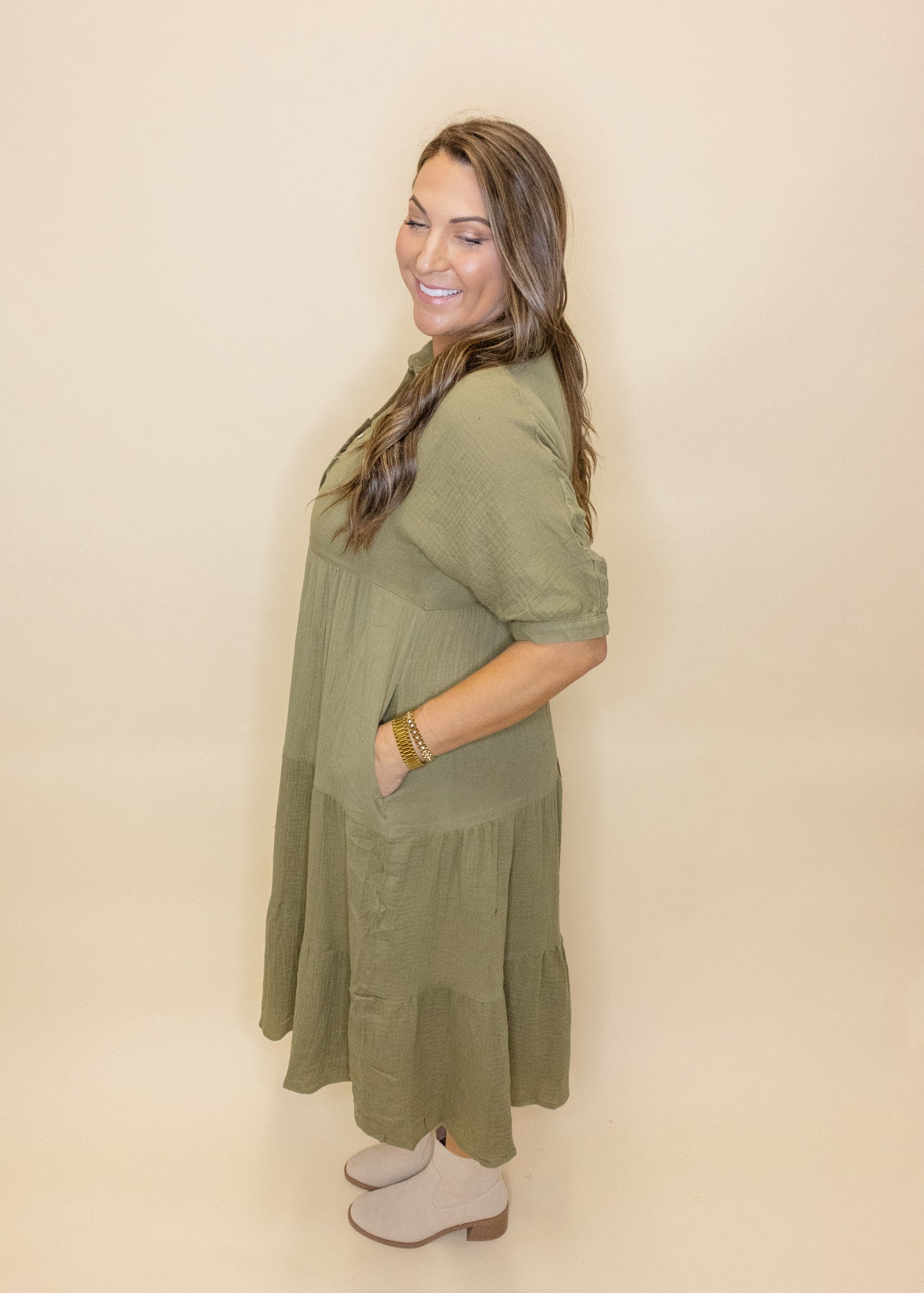 Olive Gauze Button Midi Dress