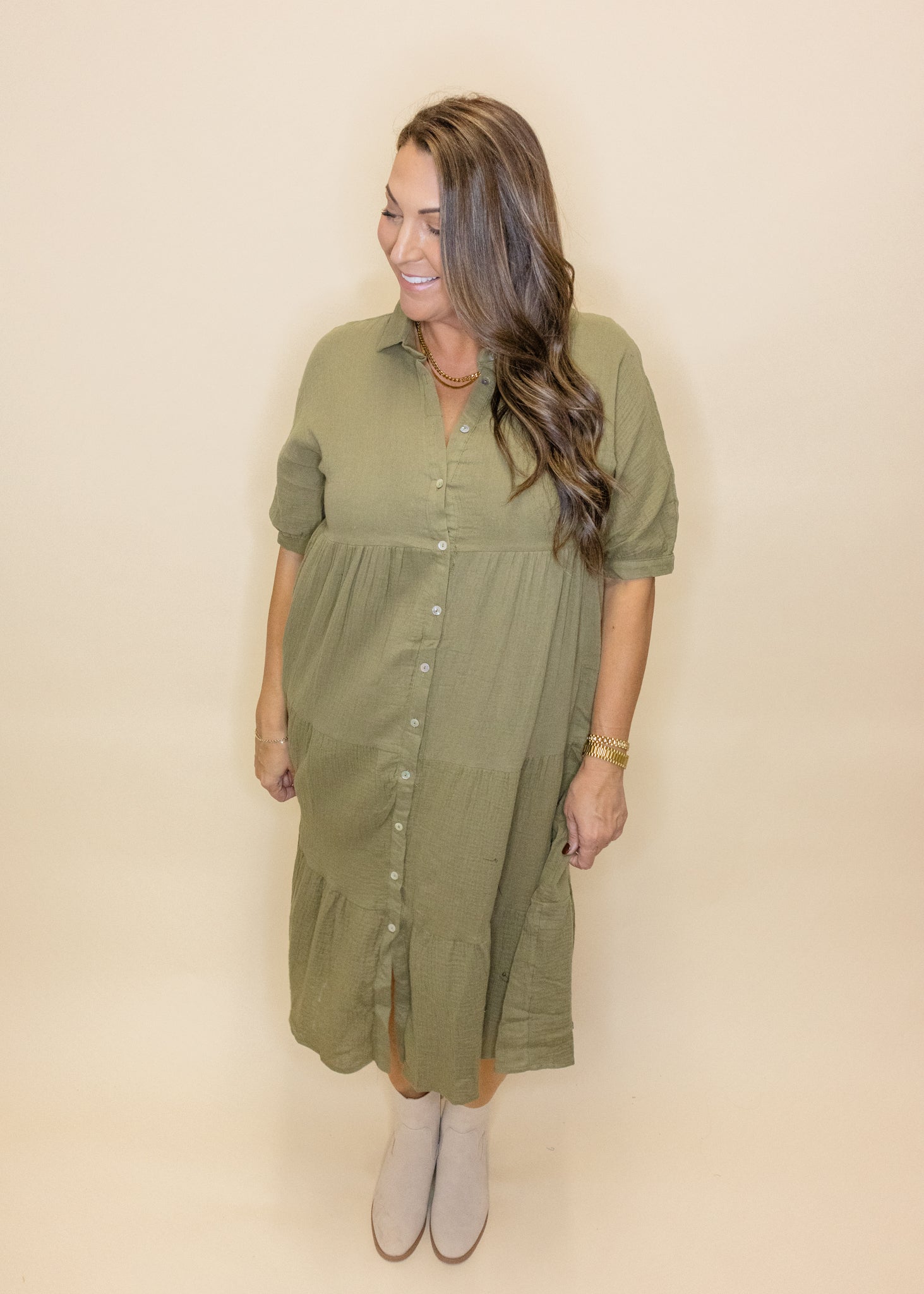 Olive Gauze Button Midi Dress