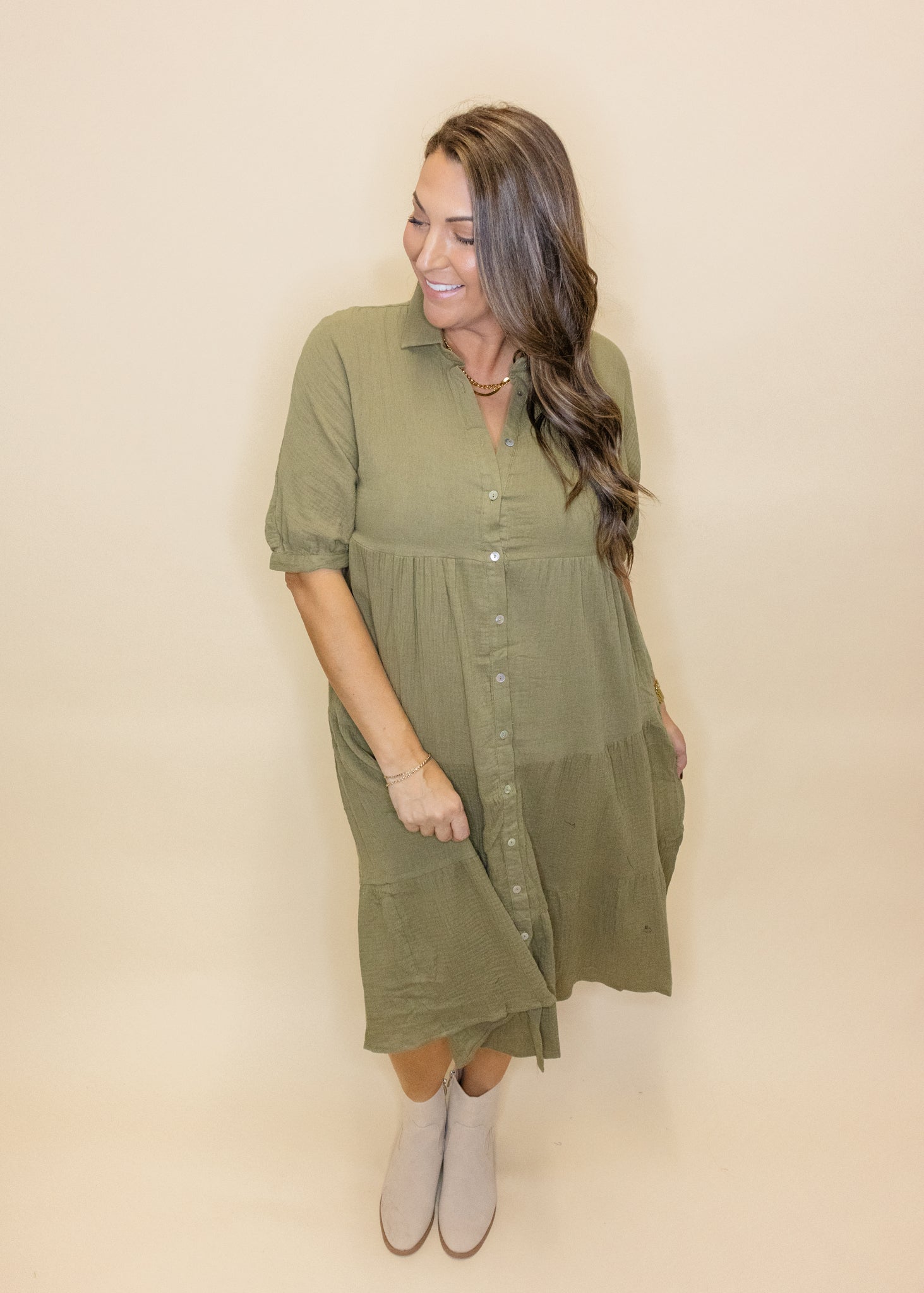 Olive Gauze Button Midi Dress