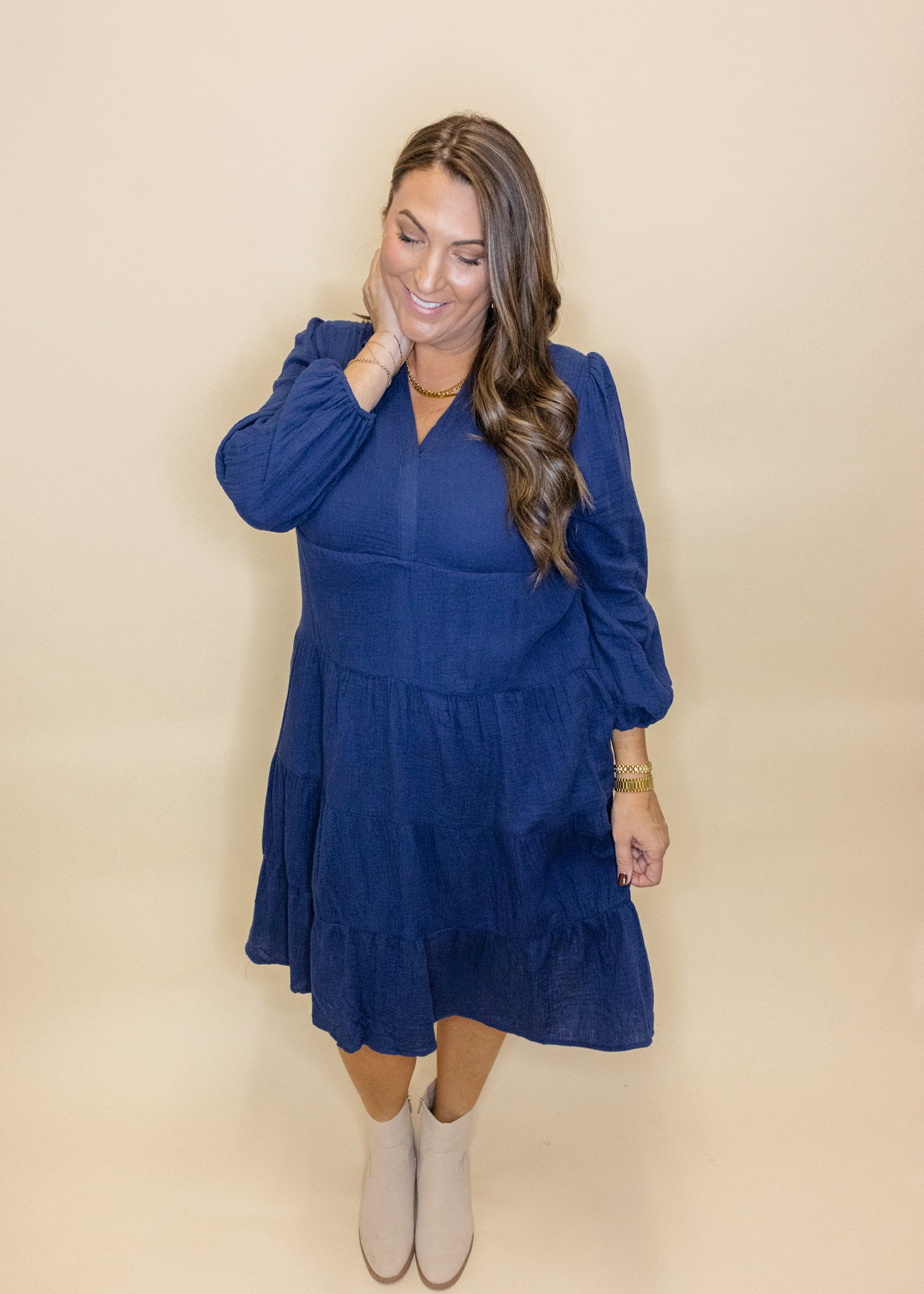 Navy Long Sleeve Midi Dress