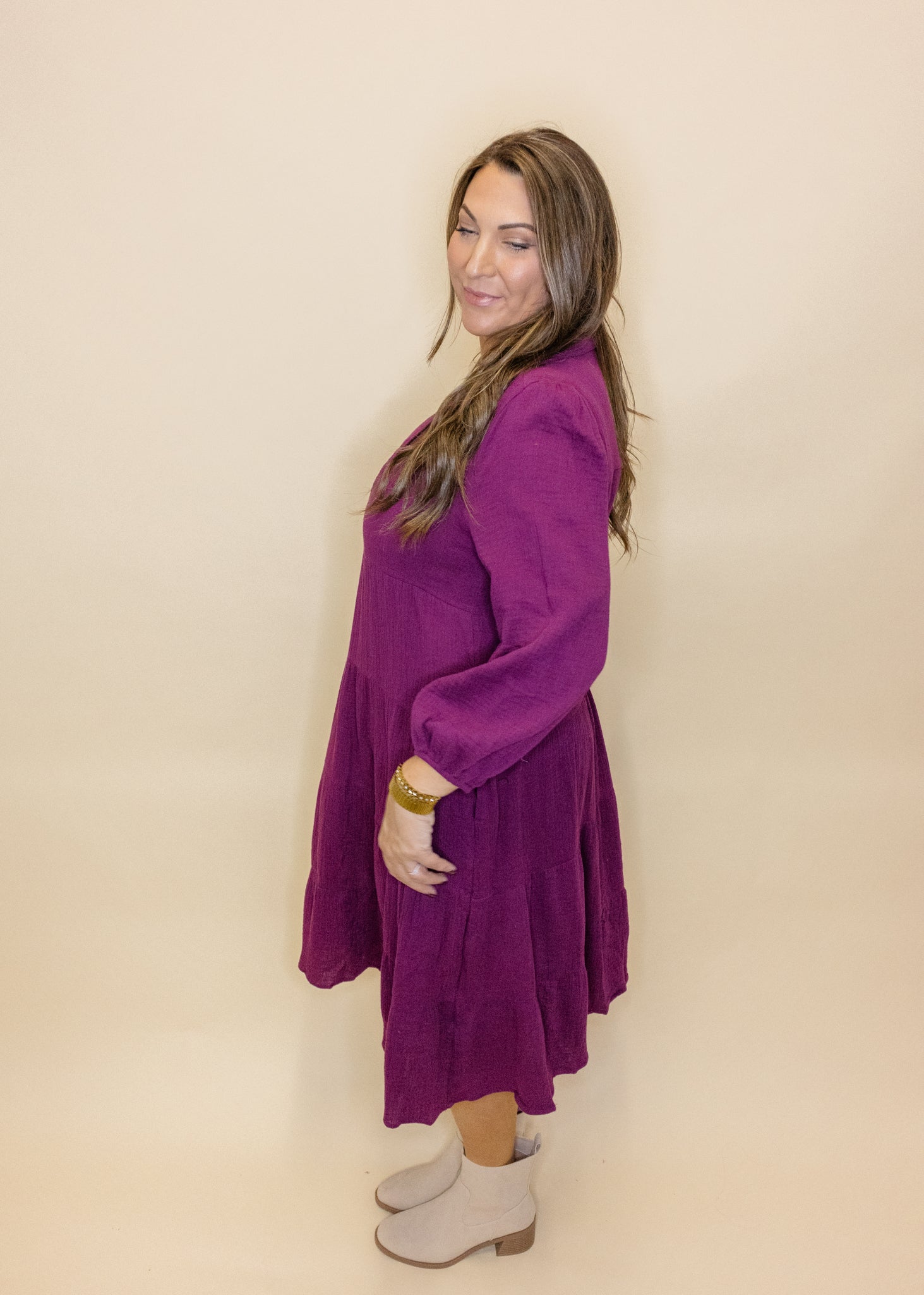 Wine Long Sleeve Midi Dress