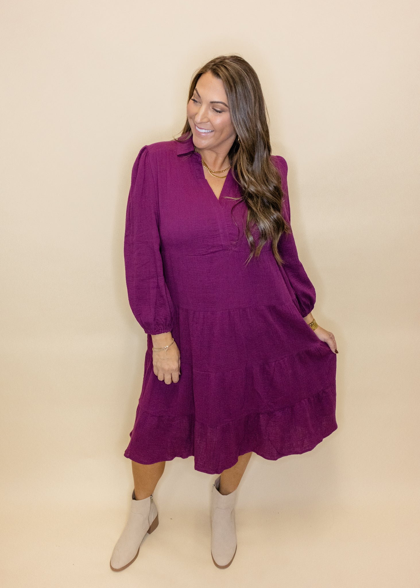 Wine Long Sleeve Midi Dress