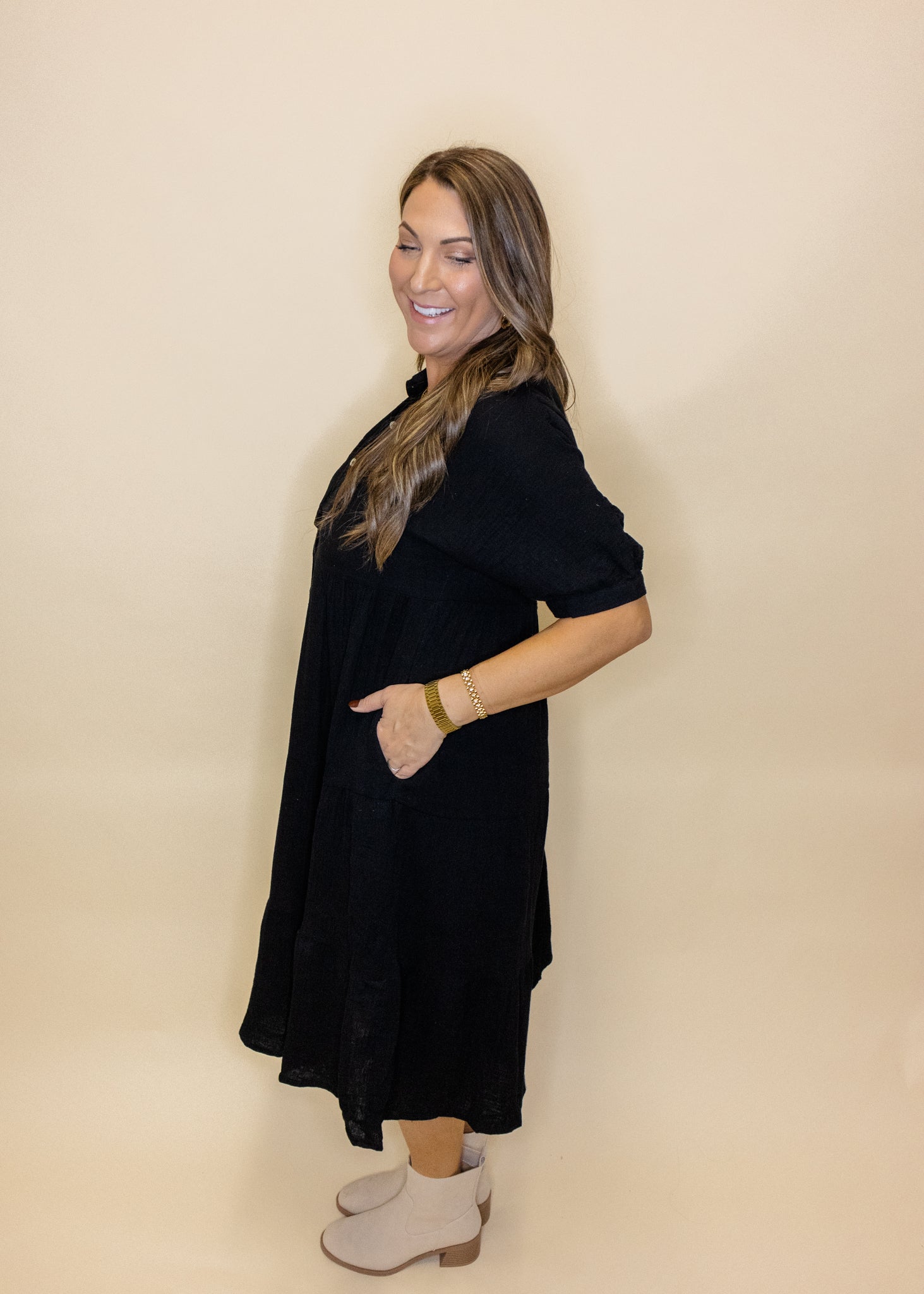 Black Gauze Button Midi Dress