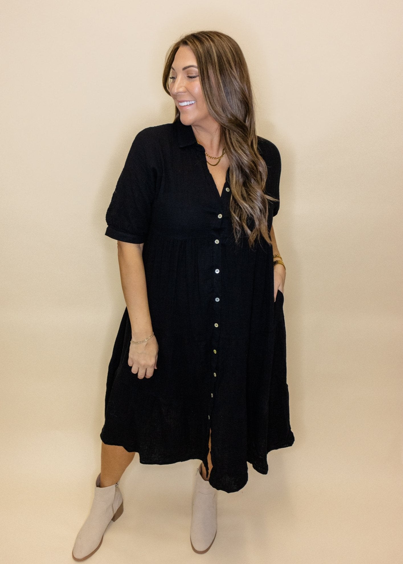 Black Gauze Button Midi Dress