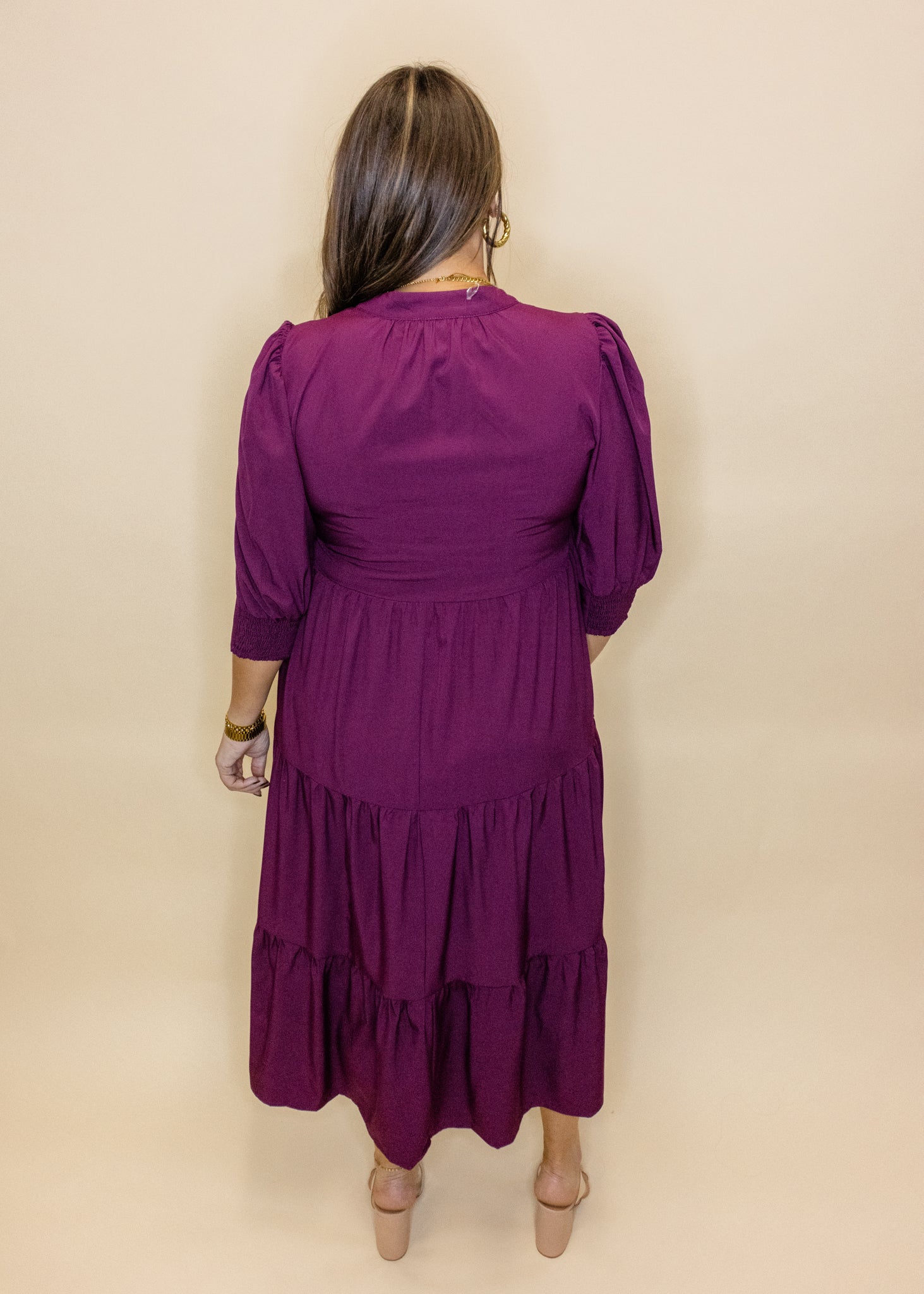 Merlot Tiered Solid Midi Dress