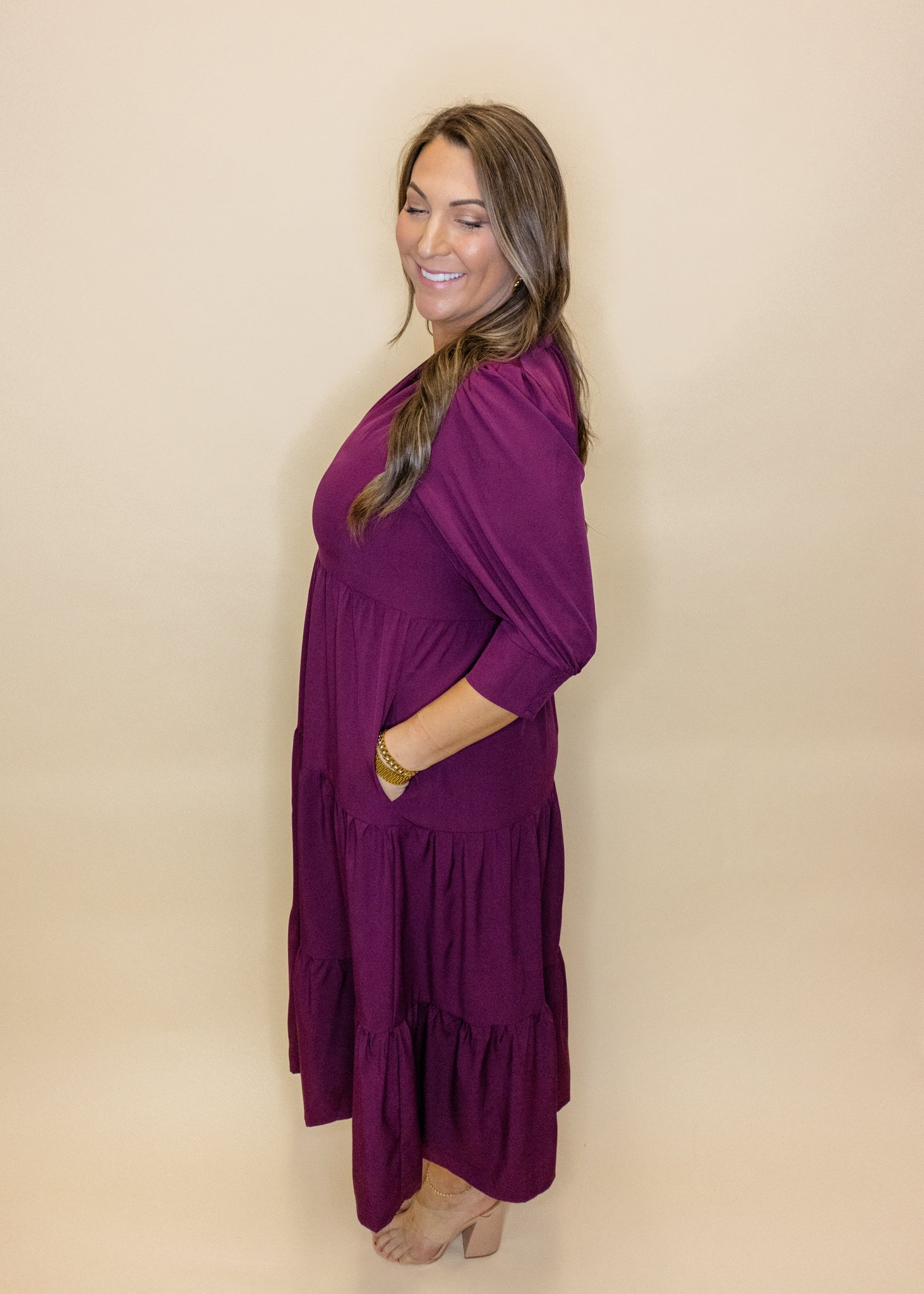 Merlot Tiered Solid Midi Dress