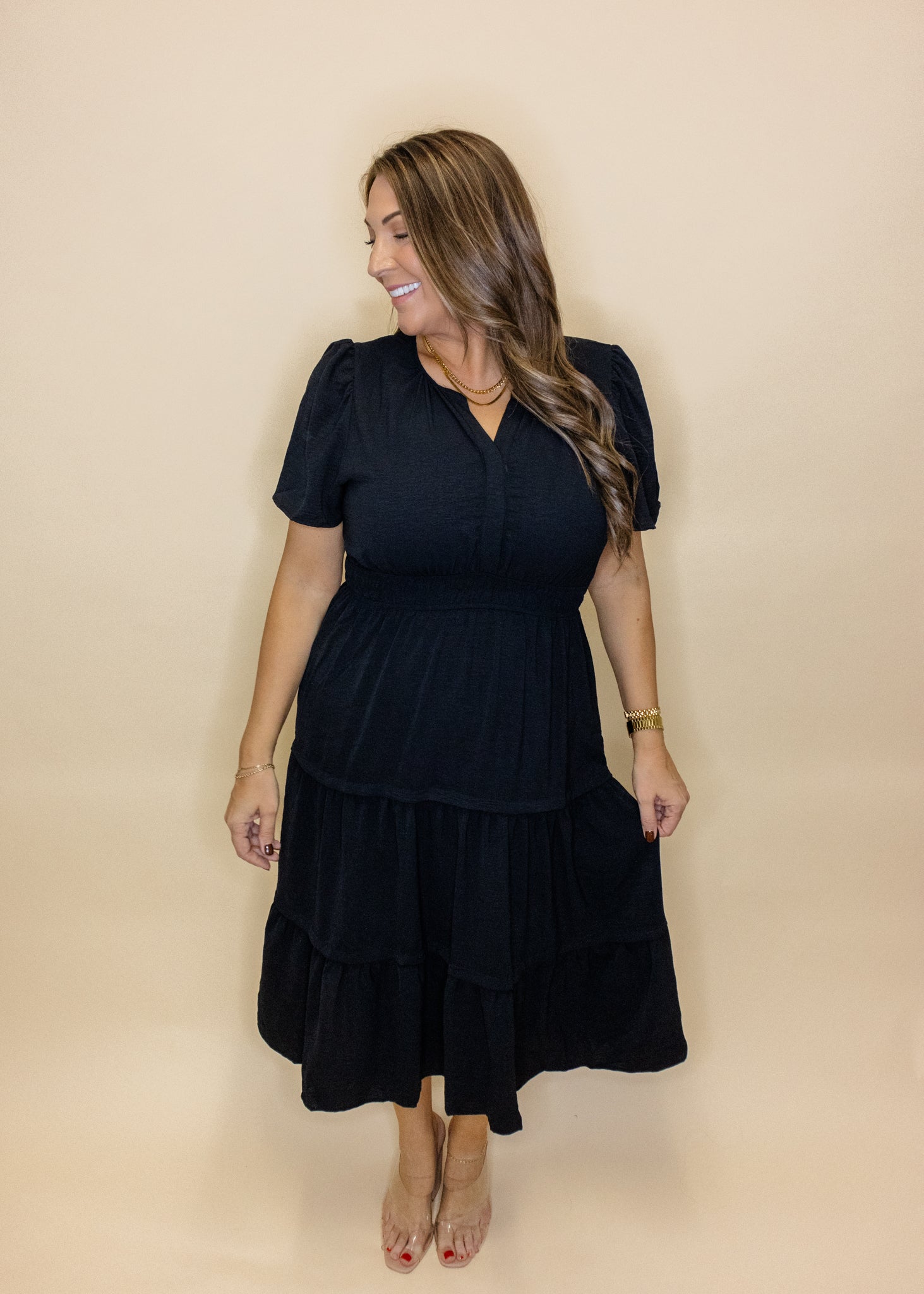 Black Tiered Smocked Midi Dress