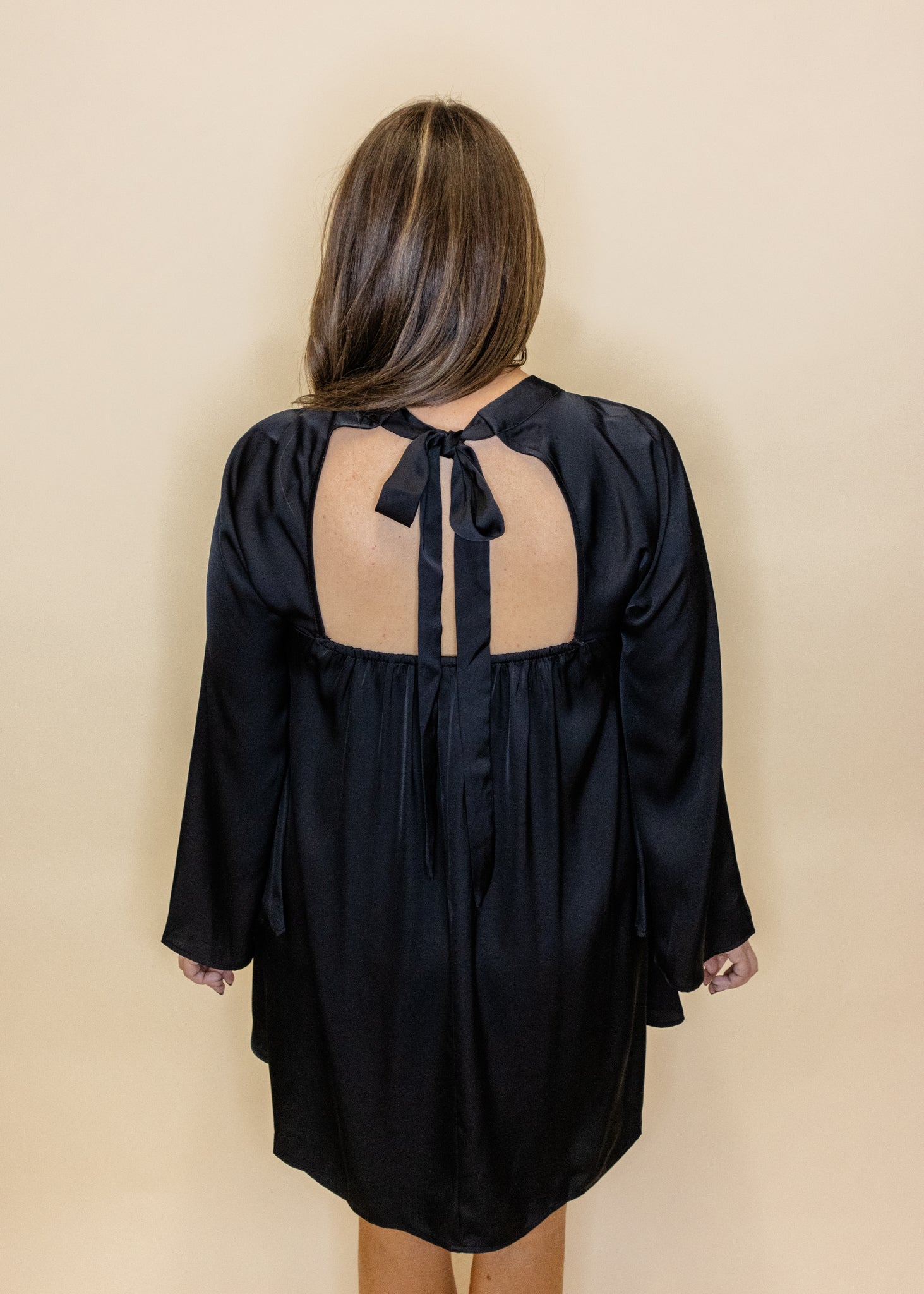 Black Satin Flowy Sleeve Dress